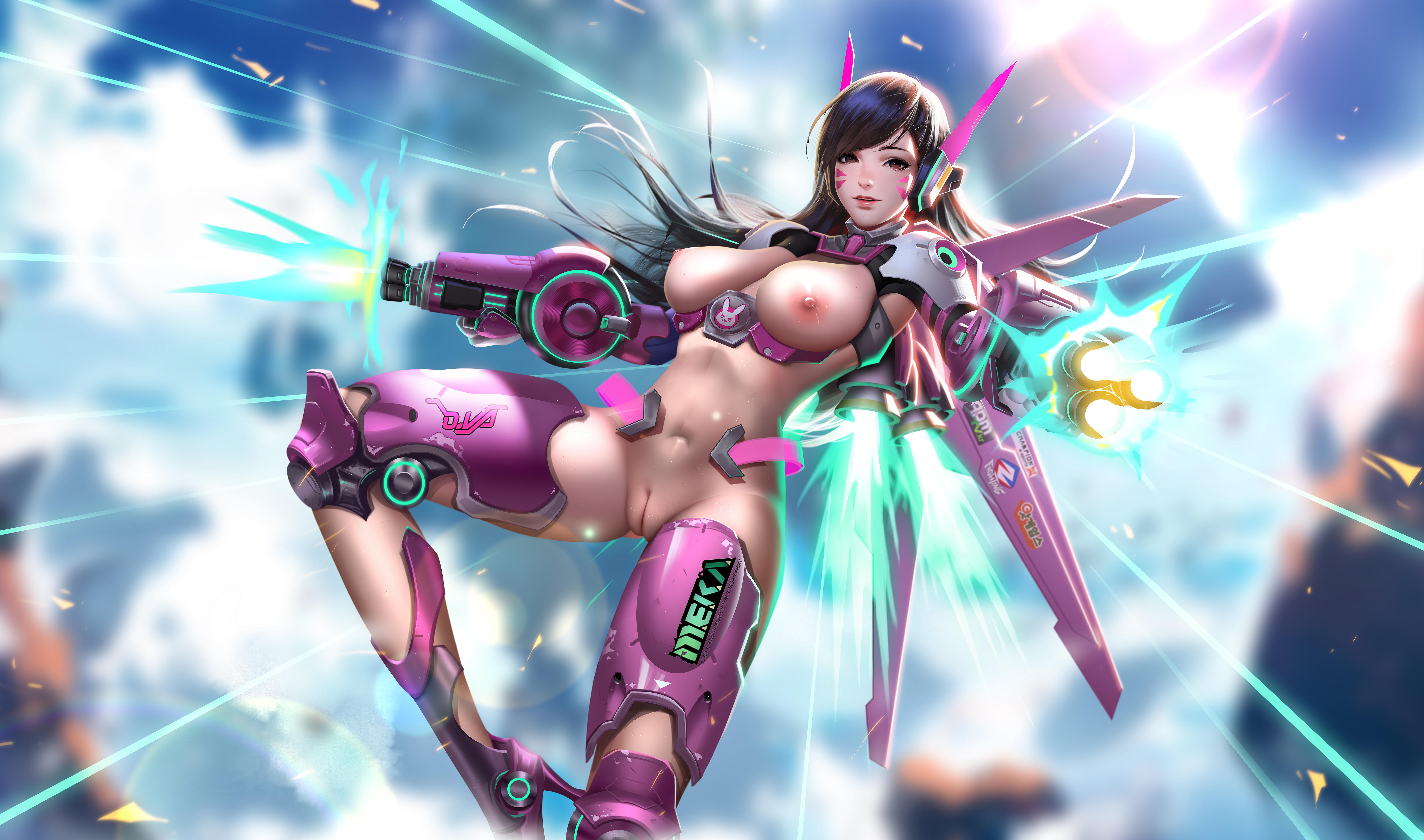1girls, blizzard entertainment, breasts, d.va, female, functionally nude, highres, large breasts, liang xing, naked footwear, nipples, overwatch, solo, tagme, uncensored