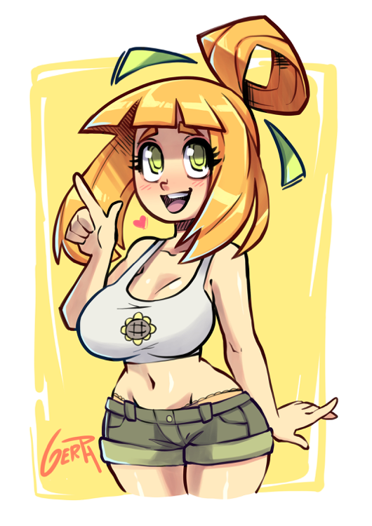 1girls, anisa (skarpworld), bent wrist, blonde hair, blush, breasts, female, fully clothed, gerph, green eyes, heart, large breasts, long hair, midriff, short shorts, skarp world, solo, standing, tank top, voluptuous, wide hips