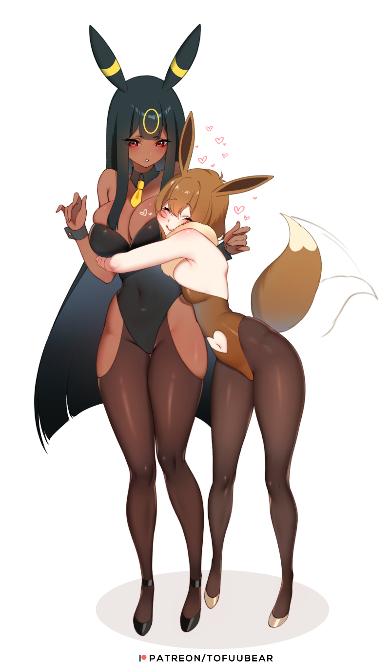 2girls, breasts, bunny ears, bunny girl, bunnysuit, cleavage, eevee, female, female only, horny, hug, huge breasts, humanized, large breasts, nintendo, pokemon, pokemon (species), pokemon gsc, pokemon rgby, thick thighs, tofuubear, umbreon, wide hips, yuri