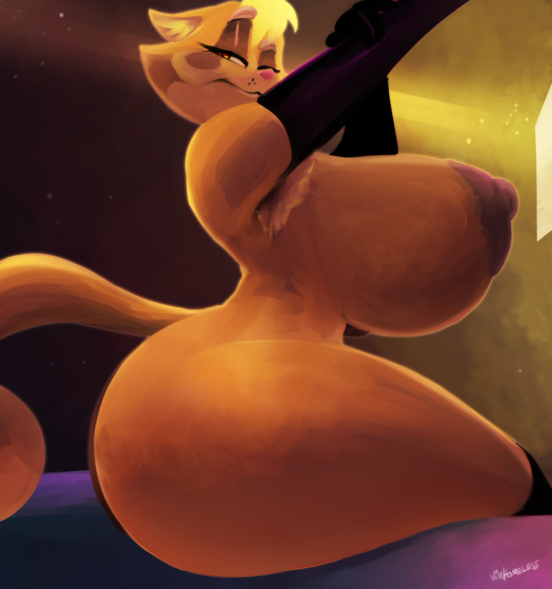 1girls, anthro, areolae, arms up, big breasts, breasts, elbow gloves, feline, female, female only, furry, gloves, half-closed eyes, huge breasts, large breasts, lilly (vimhomeless), looking away, nipples, nude, smile, solo, thick thighs, thighs, vimhomeless