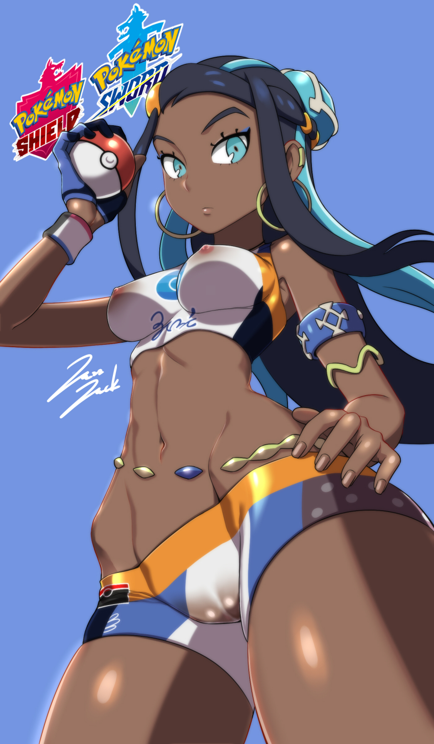 abs absurdres areolae armlet black_hair blue_eyes blue_hair bracelet breasts cameltoe clothed cowboy_shot dark_skin earrings erect_nipples eye_contact fit gloves highres hoop_earrings human jazzjack logo long_hair looking_at_viewer looking_down midriff navel nessa_(pokemon) nintendo nipples poke_ball pokeball pokemon pokemon_ss pose purple_background pussy revealing_clothes see-through shirt short_shorts shorts single_glove small_breasts tank_top text thigh_gap two_tone_hair watermark