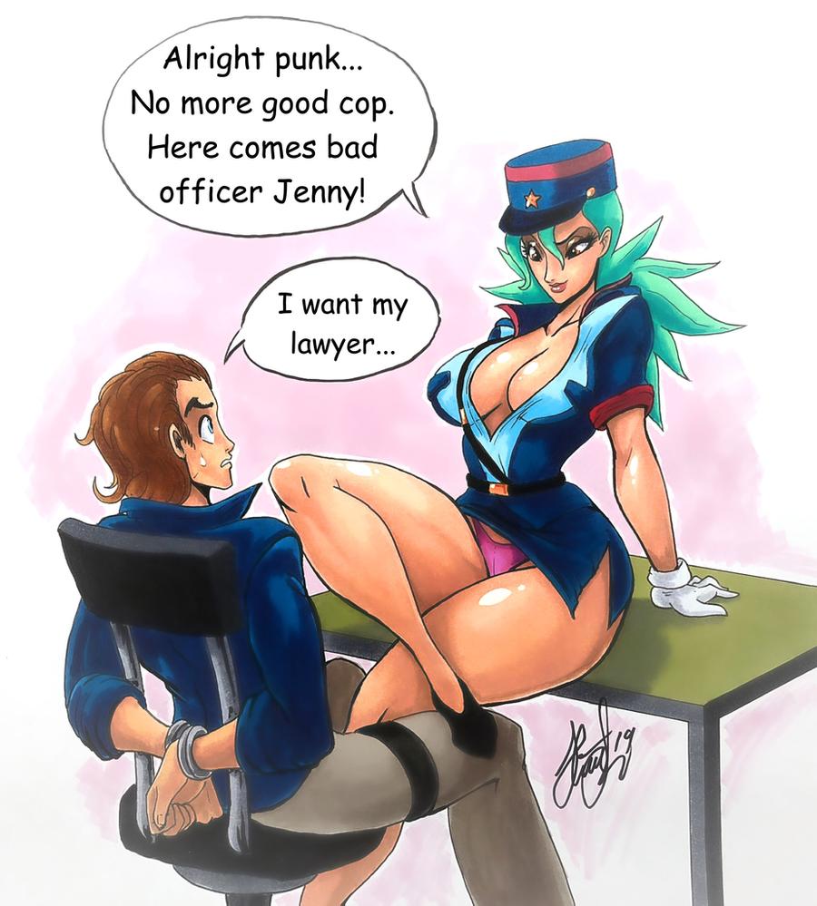 1boy 1boy1girl 1girls big_breasts bondage breasts brown_eyes brown_hair bust busty cleavage clothed clothes clothing dialogue english_text female femdom gloves green_hair handcuffed handcuffs henrik-drake hhammerh large_breasts legs lips looking_down male no_bra no_pants officer_jenny_(pokemon) panties pink_panties pokémon pokemon police police_officer police_uniform policewoman shoes short_hair signature speech_bubble straight sweat sweatdrop text thick_legs thick_thighs traditional_media_(artwork) voluptuous watermark white_gloves wide_hips