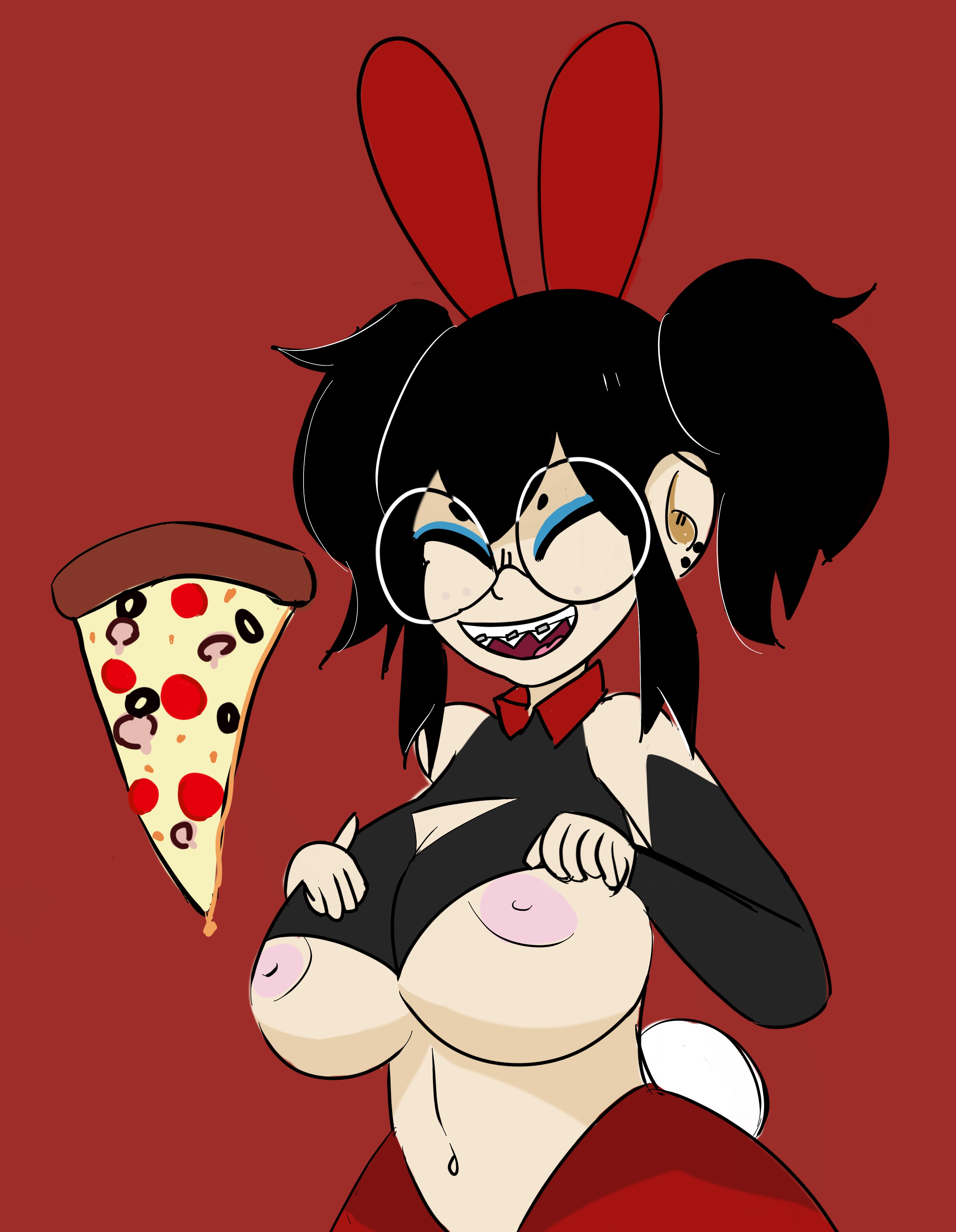 black hair, bunny ears, female, female only, nicechan, pizza, pizza thot, reverse bunnysuit, solo, tips (gats)