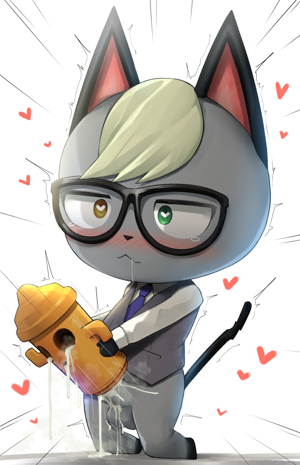 1boy 2020 animal_crossing anthro balls blonde_hair blush bottomless cat_ears cat_tail cum cum_inside drool drooling feline furry glasses green_eyes gyroid heart male male_only nintendo penis raymond_(animal_crossing) sinensian suit tie vest waistcoat yellow_eyes