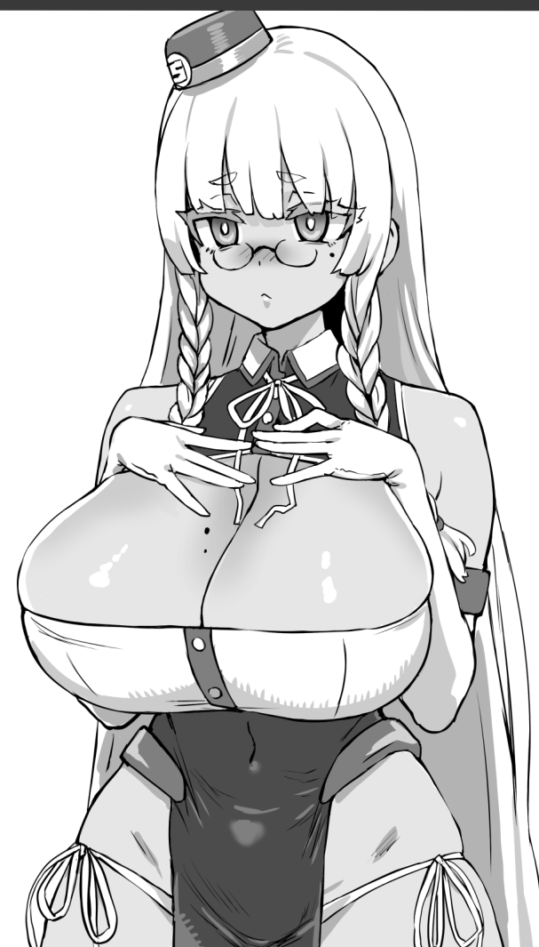 asanagi bare_shoulders big_breasts black_and_white blush braided_hair braids breast_suppress breasts cleavage cropped_legs eyebrows_visible_through_hair eyes_visible_through_hair female glasses greyscale hands_on_breasts hands_on_own_chest hat huge_breasts large_breasts long_hair mole mole_on_breast mole_under_eye monochrome pelvic_curtain side-tie_panties sidelocks solo straight_hair tan_skin tokin_hat very_long_hair white_background white_hair wide_hips