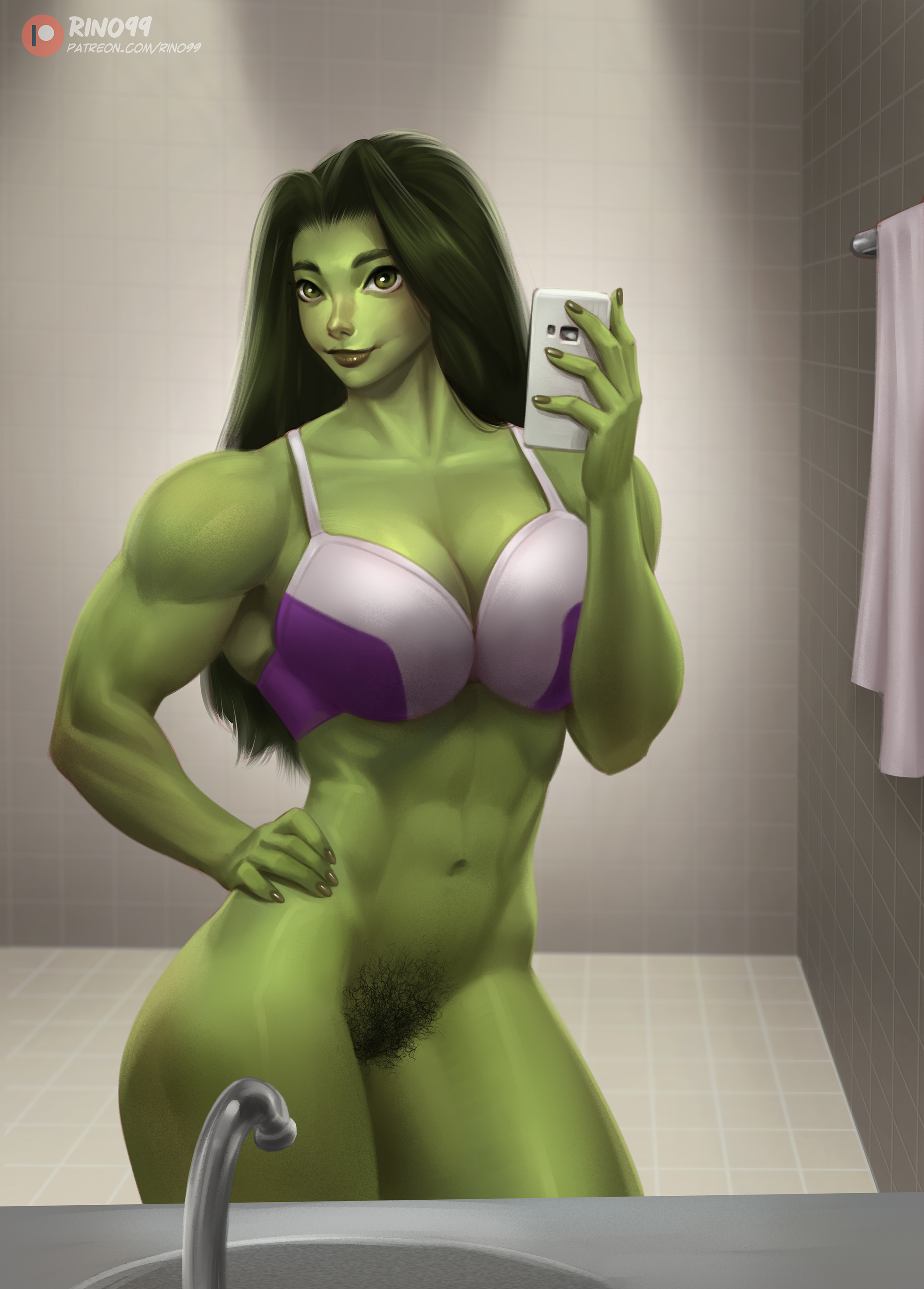 1girls, abs, bra, bush, cellphone, cleavage, female, female only, green hair, green skin, hairy pussy, long hair, marvel, marvel comics, pubic hair, pussy, rino99, selfie, she-hulk, solo