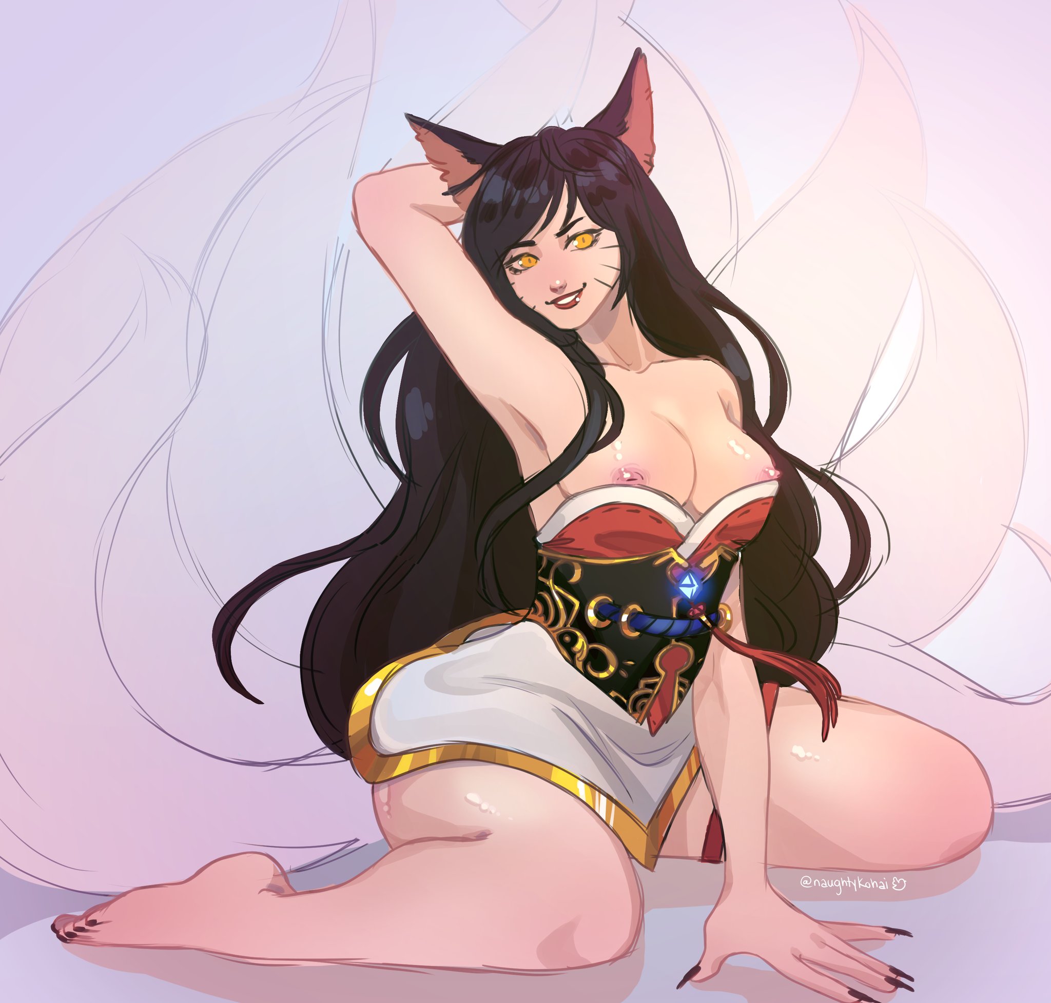 1girls, ahri, animal ears, areolae, arm up, armpit, armpits, big breasts, breasts, female, fox ears, kitsune, kneeling, large breasts, league of legends, nail polish, nauko, nipples, tail, toenail polish, yellow eyes