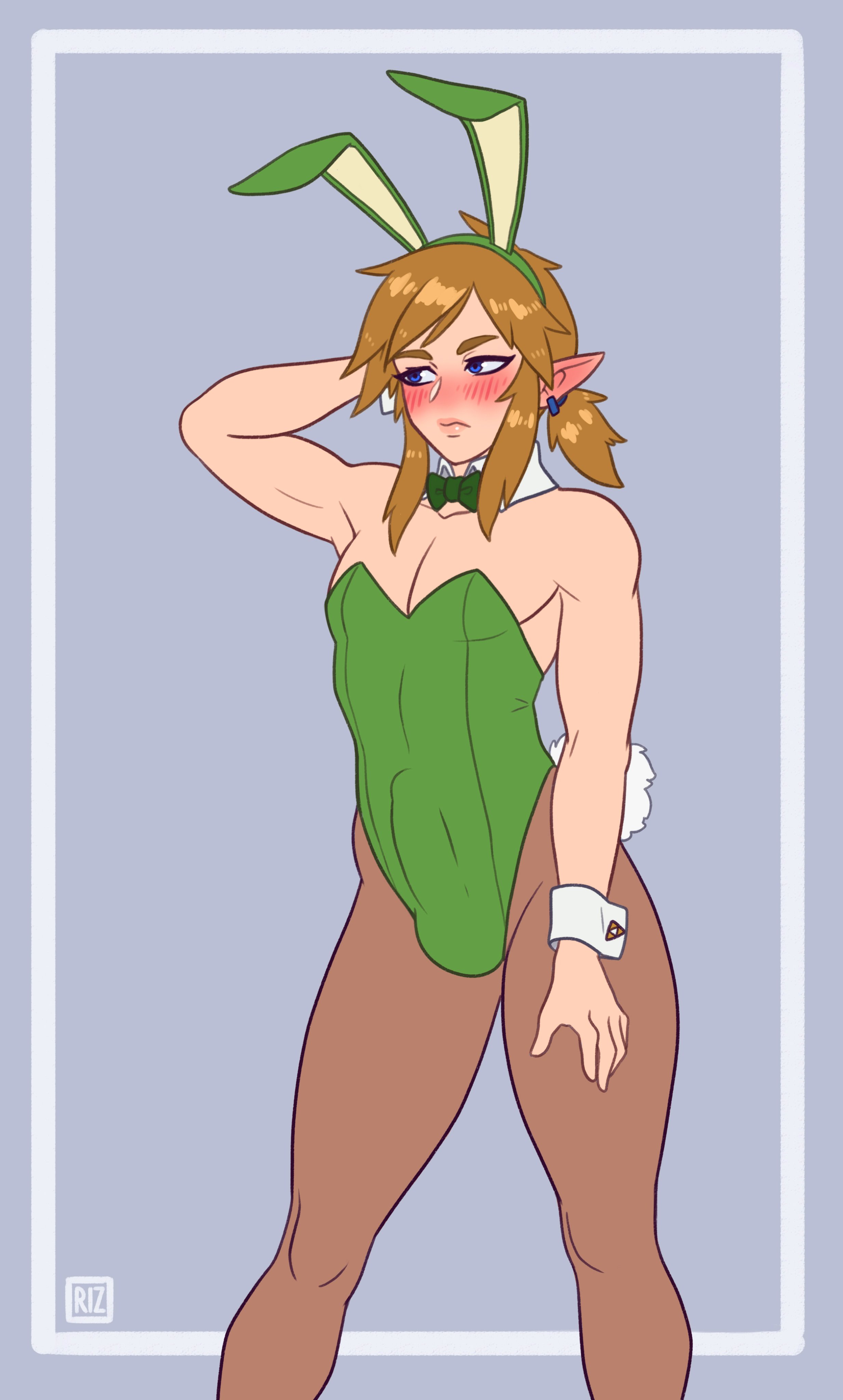 1boy, 2020, bad id, bad twitter id, blush, bulge, bunny boy, bunny ears, bunnysuit, canon crossdressing, crossdressing, erection under clothes, femboy, leotard, link, male, male focus, male only, male playboy bunny, nintendo, pantyhose, playboy bunny, rizdraws, solo, the legend of zelda