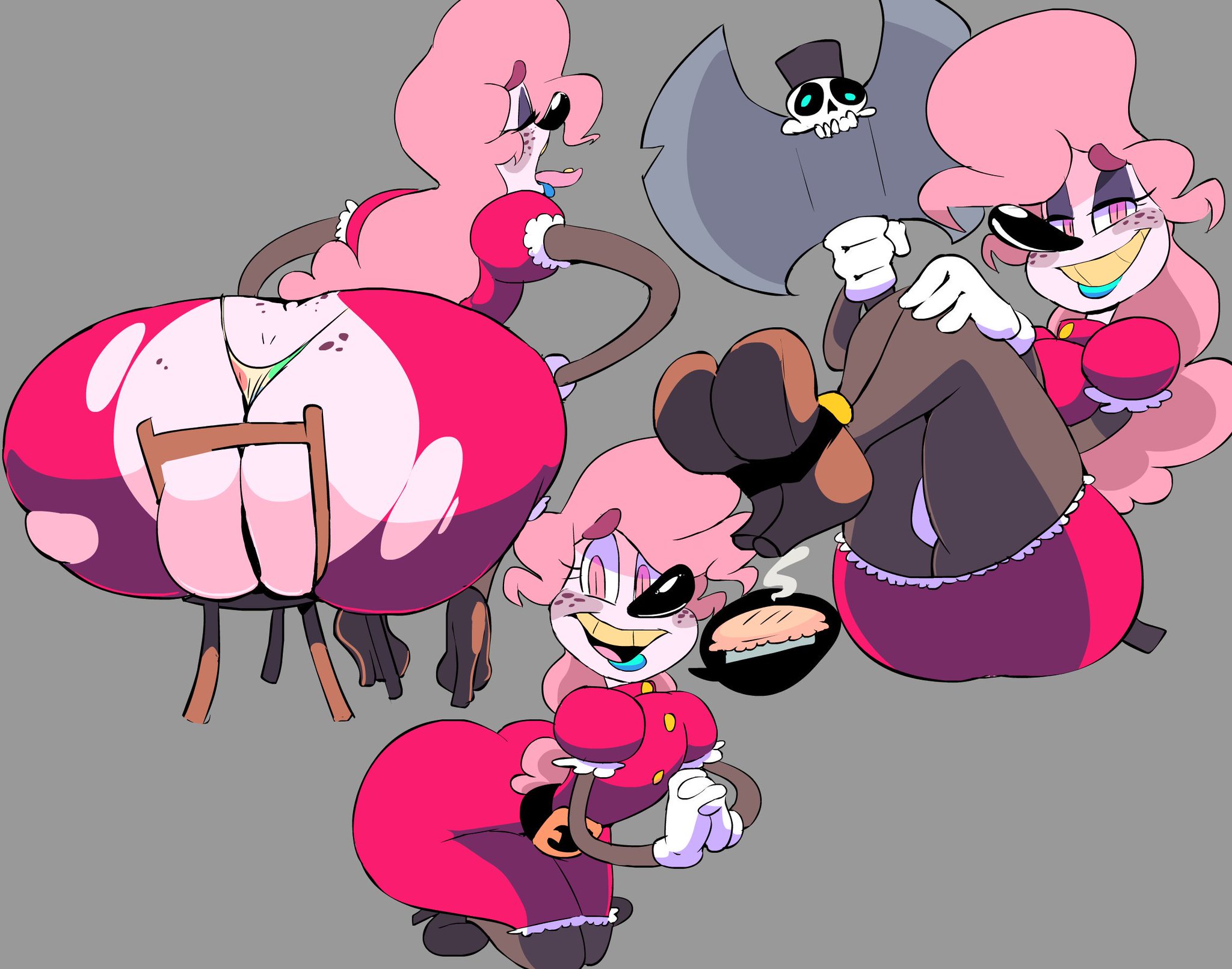 1boy, anthro, ass, big ass, clothed, clothing, female, femboy, femboy only, huge ass, large ass, legs up, long hair, looking at viewer, male, mrs. mayhem, open mouth, pink hair, rear view, simple background, sitting, smile, solo, thong, tongue, tongue out, vimhomeless, wardrobe malfunction, weapon
