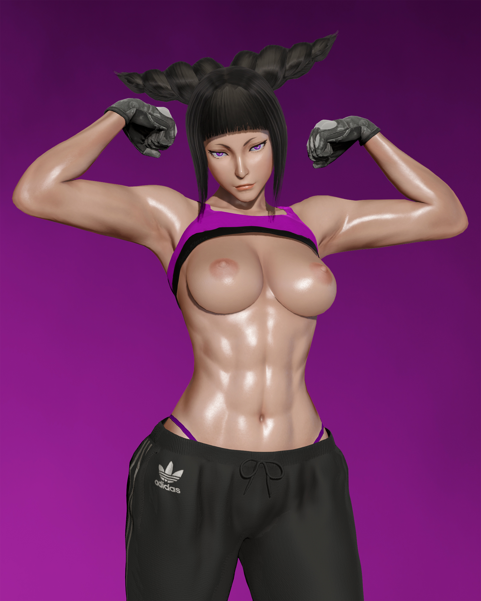 1girls, 3d, abs, areolae, armpits, bangs, black hair, blunt bangs, breasts, breasts out, capcom, cowboy shot, drill hair, female, female only, flexing, front view, gloves, human, juri han, large breasts, looking at viewer, navel, nipples, pants, perky breasts, pink eyes, purple background, rantdox, shintakeh, shiny skin, shirt lift, sidelocks, simple background, solo, sports bra, standing, street fighter, street fighter v, sweatpants, thong, twin drills