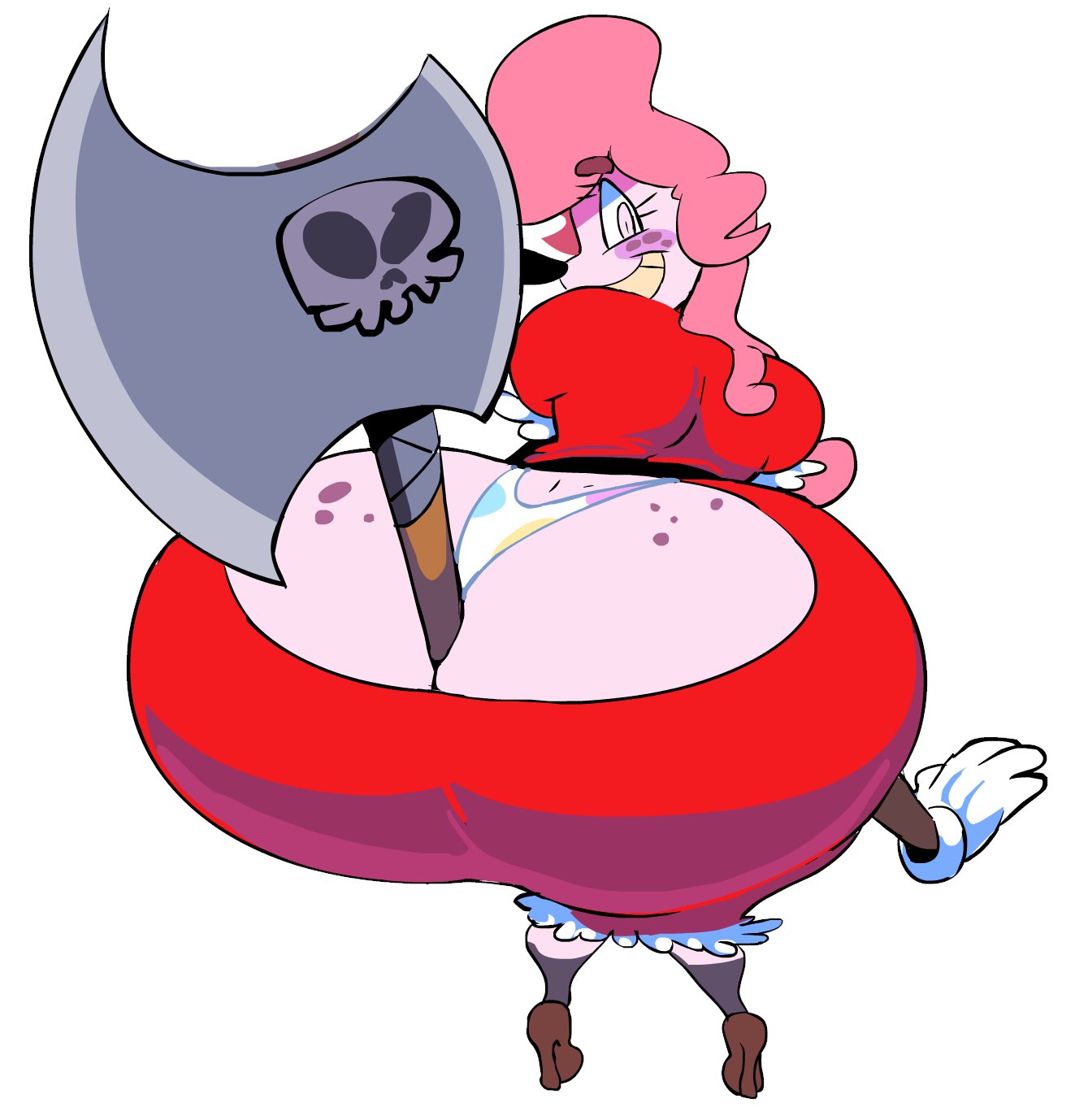 1boy, ass, between buttocks, big ass, clothed, clothing, femboy, holding object between buttocks, huge ass, humanoid, large ass, looking at viewer, looking back, male, male only, mrs. mayhem, no humans, non-human, non-human only, pink skin, presenting, presenting hindquarters, rear view, smile, solo, thong, vimhomeless, weapon, weapon between buttocks, white background
