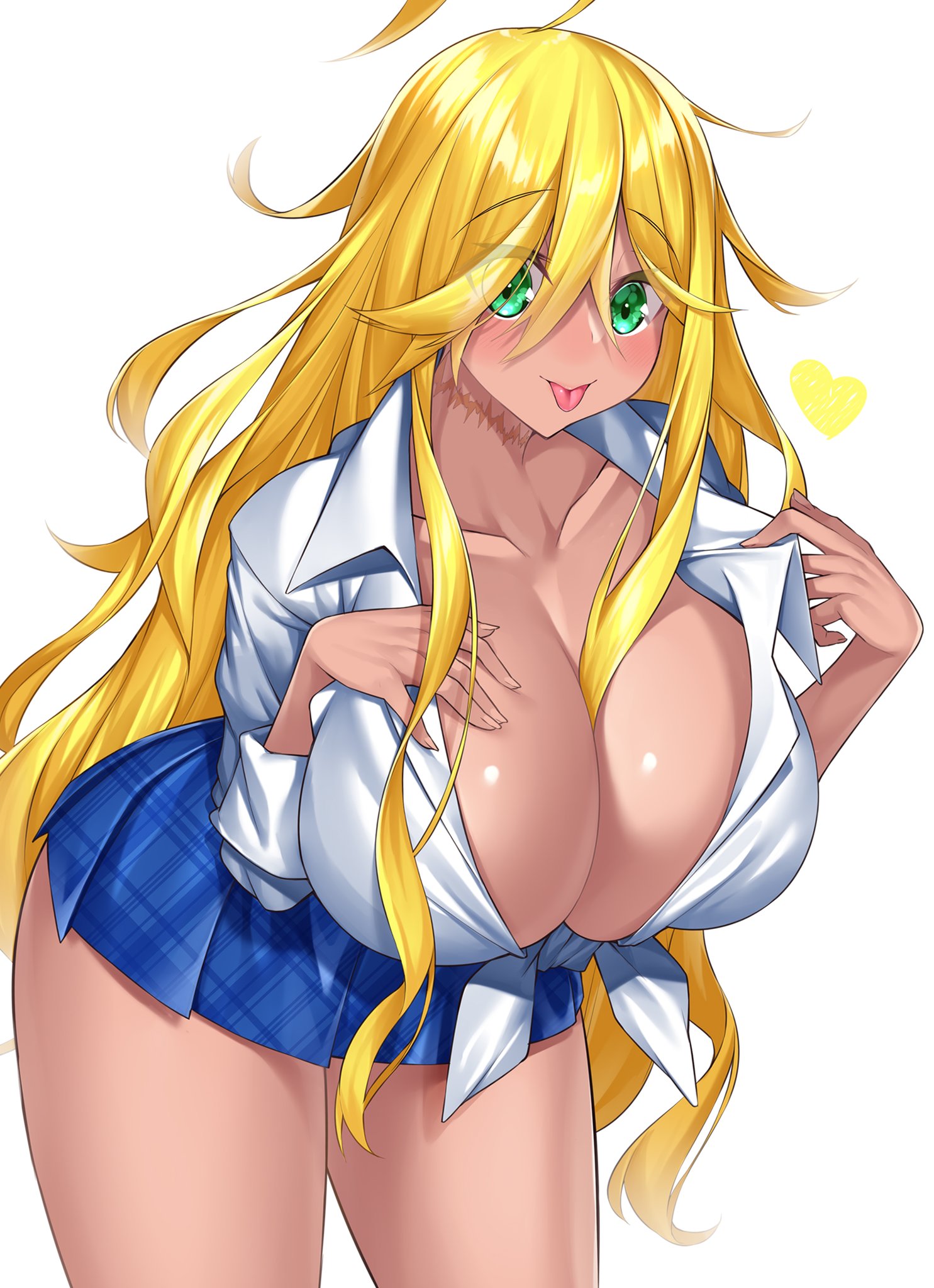 1girls, bent over, blonde hair, breasts, dies irae, female, green eyes, huge breasts, long hair, looking at viewer, messy hair, miniskirt, scar, school uniform, schoolgirl, tan skin, thick thighs, tongue, tongue out, unbuttoned, voluptuous, watosu (watosu mama), white background