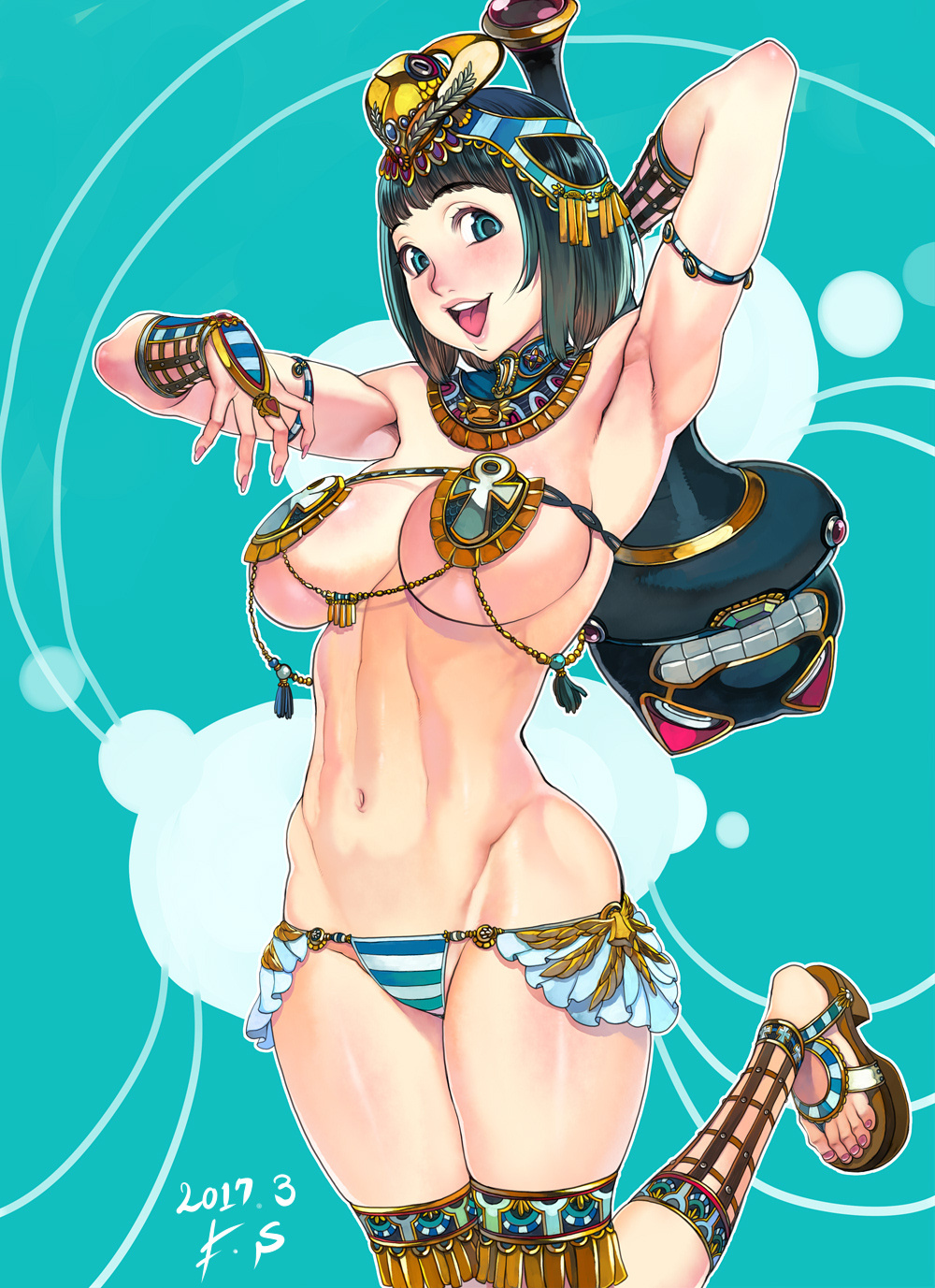 1girls armpits black_hair blue_striped_panties cleavage egyptian f.s. female large_breasts lowleg_panties menace panties queen's_blade short_hair solo standing striped_panties