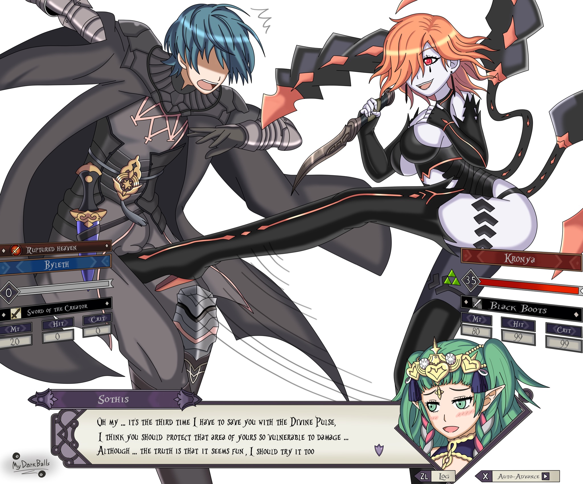 1boy, 2girls, ballbusting, balls, balls busting, black boots, blue hair, boots, breasts, byleth (fire emblem), byleth (fire emblem) (male), cock and ball torture, cock and balls torture, crotch kick, dagger, english text, female, femdom, fire emblem, fire emblem: three houses, gameplay mechanics, gloves, goddess, green eyes, green hair, high heel boots, kick, kronya (fire emblem), male, multiple females, multiple girls, mydarkballs, nabatean (fire emblem), orange hair, penis, red eyes, simple background, sothis (fire emblem), text, thigh boots, weapon, white background