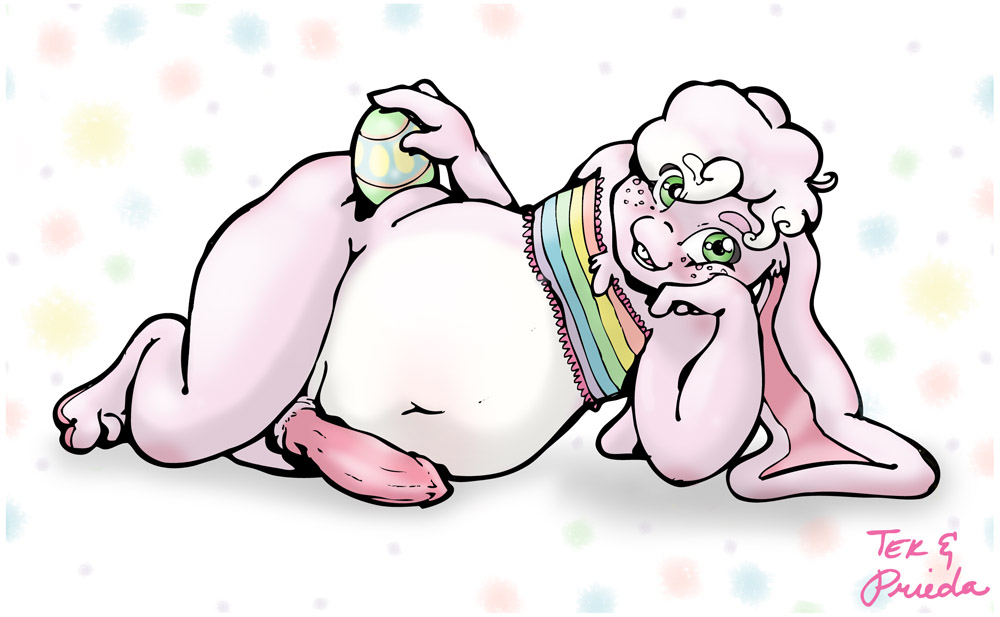 alternate_color anthro bandeau belly chou_chou_(tekandprieda) clothing easter easter_egg floppy_ears freckles furry girly holidays lagomorph leporid lounging male mammal nintendo original_character penis pokémon_(species) pokemon rabbit rainbow shiny_pokemon solo tekandprieda_(artist) thick_thighs topwear video_games wigglytuff