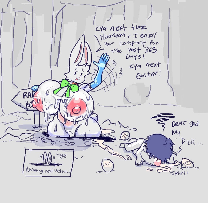 after sex, anthro, areola, armwear, big breasts, big penis, bodily fluids, breasts, cum, cum on breasts, cum splatter, easter, easter bunny, english text, female, huge breasts, lewdicrousart, male, nipples, penis, rabbit, size difference, voluptuous, wide hips