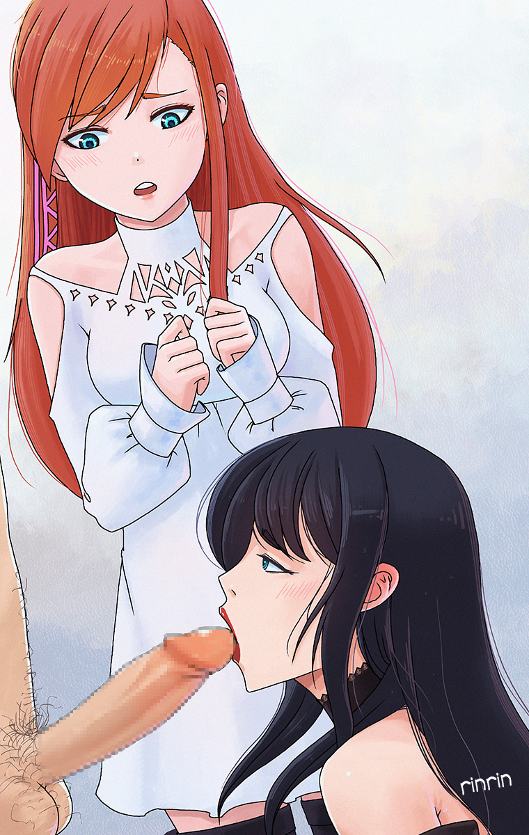 2girls, black hair, blowjob, blue eyes, blush, censored, choker, clothed sex, faceless male, fellatio, female, final fantasy, final fantasy xiv, gaia (ffxiv), hyur, lipstick, male, mosaic censoring, red hair, rinrin art, ryne waters