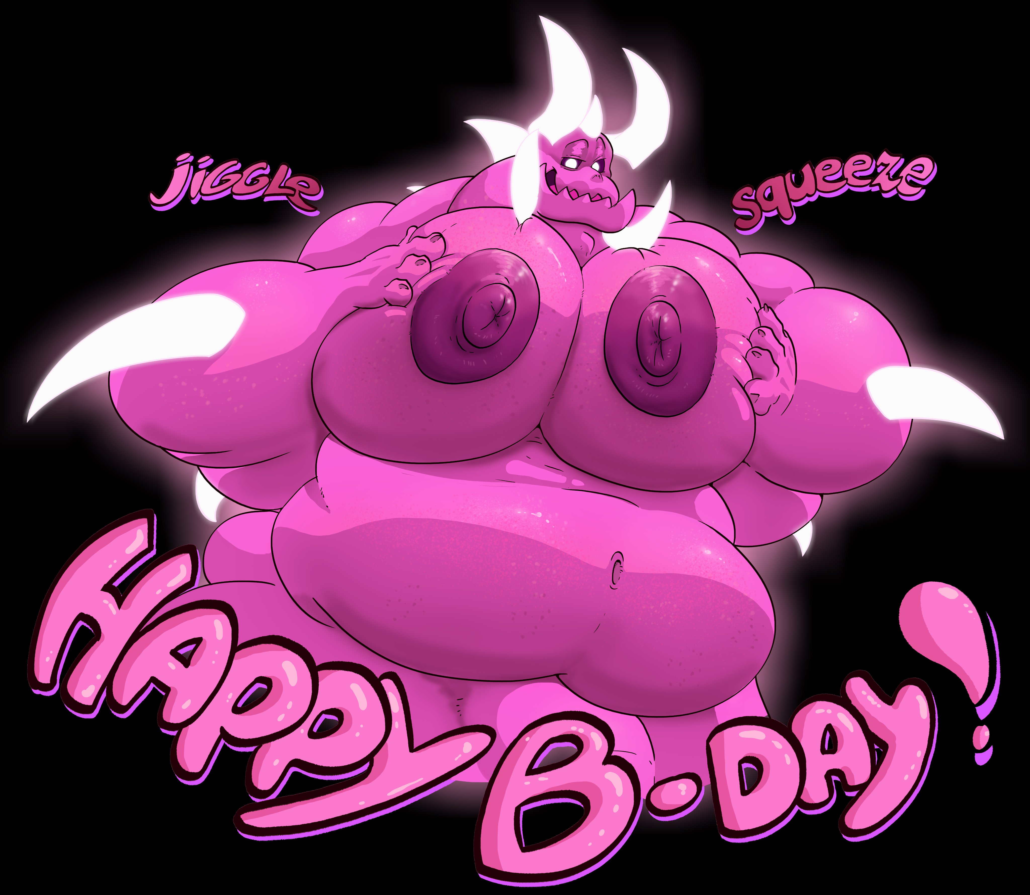 1boy, areolae, belly, big chest, breasts, bright pupils, cartoon network, erect nipples, fat, gem (species), glowing horns, glowing spikes, horns, hyper, hyper breasts, hyper fat, kaiju, looking at viewer, male, male only, male with breasts, monster, monster steven, moobs, nipples, overweight, overweight male, penis, pink skin, solo, spikes, steven quartz universe, steven universe, steven universe future, wolfbear303
