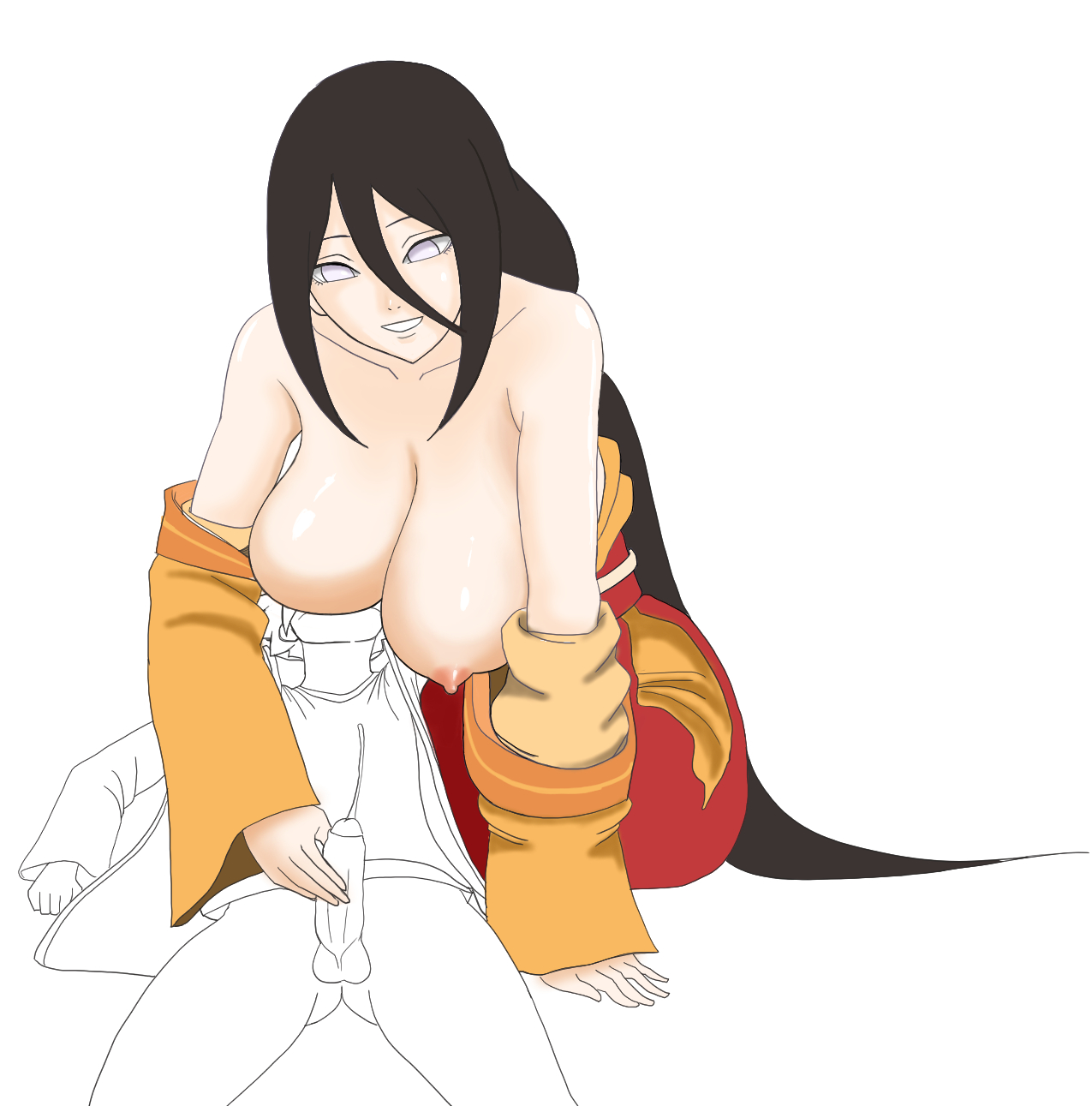1boy, 1girls, age difference, aunt and nephew, balls, bare shoulders, big breasts, boruto: naruto next generations, breast sucking, breasts, brown hair, busty, clothing, erect nipples, female, handjob, harang (artist), holding penis, human, hyuuga hanabi, incest, large breasts, male, naruto, naruto (series), nipples, nursing handjob, older female, penis, purple eyes, sex, straight, testicles, uzumaki boruto, younger male