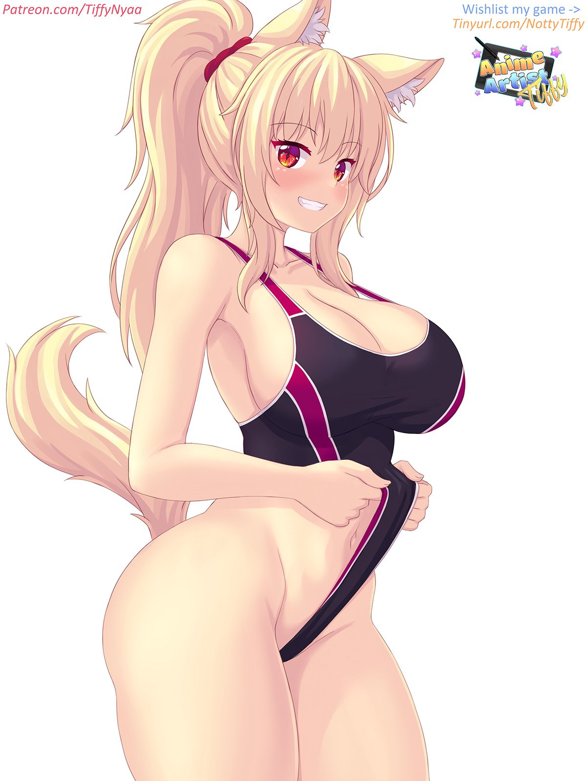 animal ears, ass, blonde hair, blush, breasts, cleavage, female, large breasts, looking at viewer, navel, one-piece swimsuit, original, ponytail, red eyes, standing, swimsuit, swimsuit pull, tagme, tail, thighs, tiffy, tiffynyaa