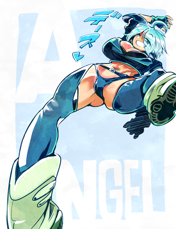 1girls ahoge angel_(kof) big_breasts boots bra breasts chaps collar female female_only fingerless_gloves gloves jacket kemonono king_of_fighters leather_jacket small_panties smile smiling snk strapless_bra white_hair