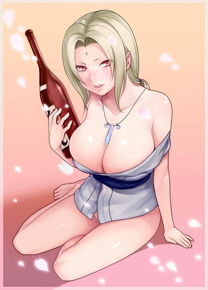 1girls, alcohol, blonde hair, bottle, bottomless, breasts, busty, cleavage, drunk, female, female only, huge breasts, looking at viewer, naruto, naruto (series), necklace, no panties, sake, sake bottle, simple background, sitting, solo, tsunade