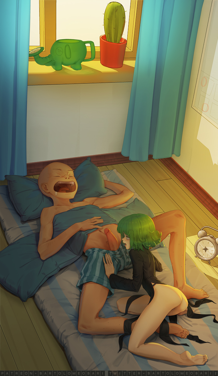 1boy, 1girls, artist name, ass, bald, barefoot, bartolomeobari, big ass, big penis, black dress, bottom heavy, bottomless, breasts, child bearing hips, clock, clothing, dress, feet, female, flat chest, funny, green eyes, green hair, green-haired female, horny, horny female, imminent fellatio, male, mouth open, no panties, one-punch man, patreon username, pear shaped, pear shaped female, pear-shaped figure, pelvic curtain, penis, petite, pubic hair, pussy, pussy juice, saitama, short hair, sleeping, small breasts, source request, tatsumaki, thick thighs, thunder thighs, twitter username, uncensored, wide hips