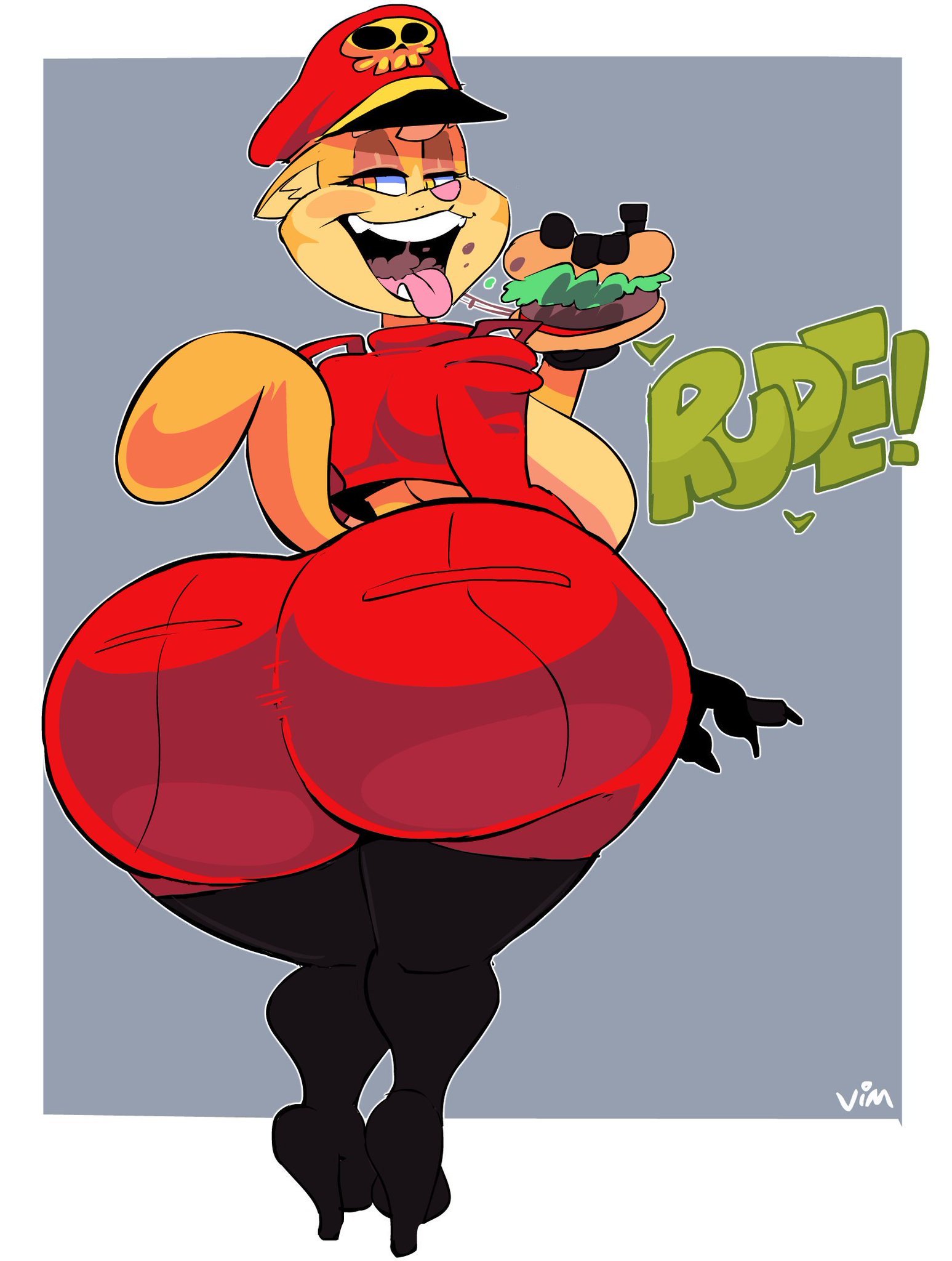 1girls, anthro, ass, big ass, clothed, clothing, eating, english text, feline, female, female only, food, furry, hamburger, high heels, huge ass, large ass, lilly (vimhomeless), looking back, open mouth, raised tail, rear view, simple background, solo, text, vimhomeless