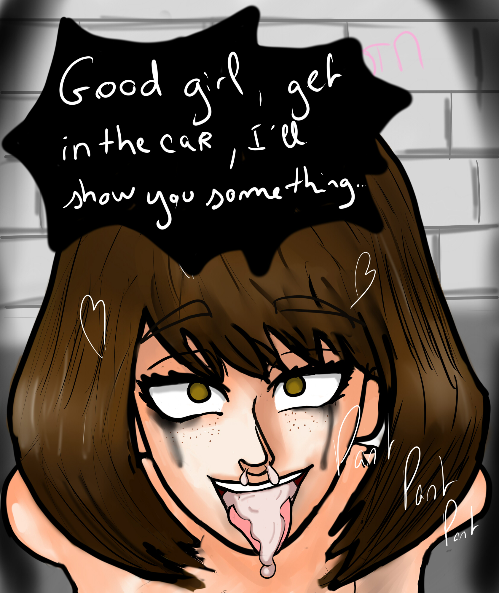 1girls, after deepthroat, after fellatio, after oral, april o'neil, april o'neil (tmnt 1987), brown hair, cum, cum drinking, cum in mouth, cum in throat, cum on face, cum out throat, cumstring, eye contact, eyeshadow, female, freckles, fringe, fucked silly, green eyes, kneeling, mascara, medium hair, mind break, naughty face, ottomathicc, runny makeup, teenage mutant ninja turtles, tmnt 1987, tongue, tongue out, yellow eyes