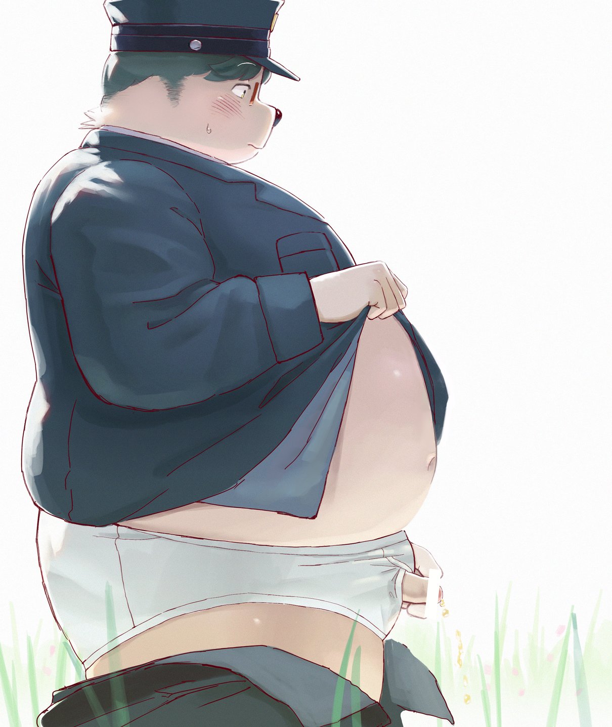 2020 anthro ass belly black_nose blush bodily_fluids canid canine canis clothing domestic_dog eyewear genital_fluids genitals glasses hat headgear headwear hi_res humanoid_genitalia humanoid_hands humanoid_penis kemono male mammal outside overweight overweight_male peeing penis shirt solo sv_grart sweat topwear underwear urine