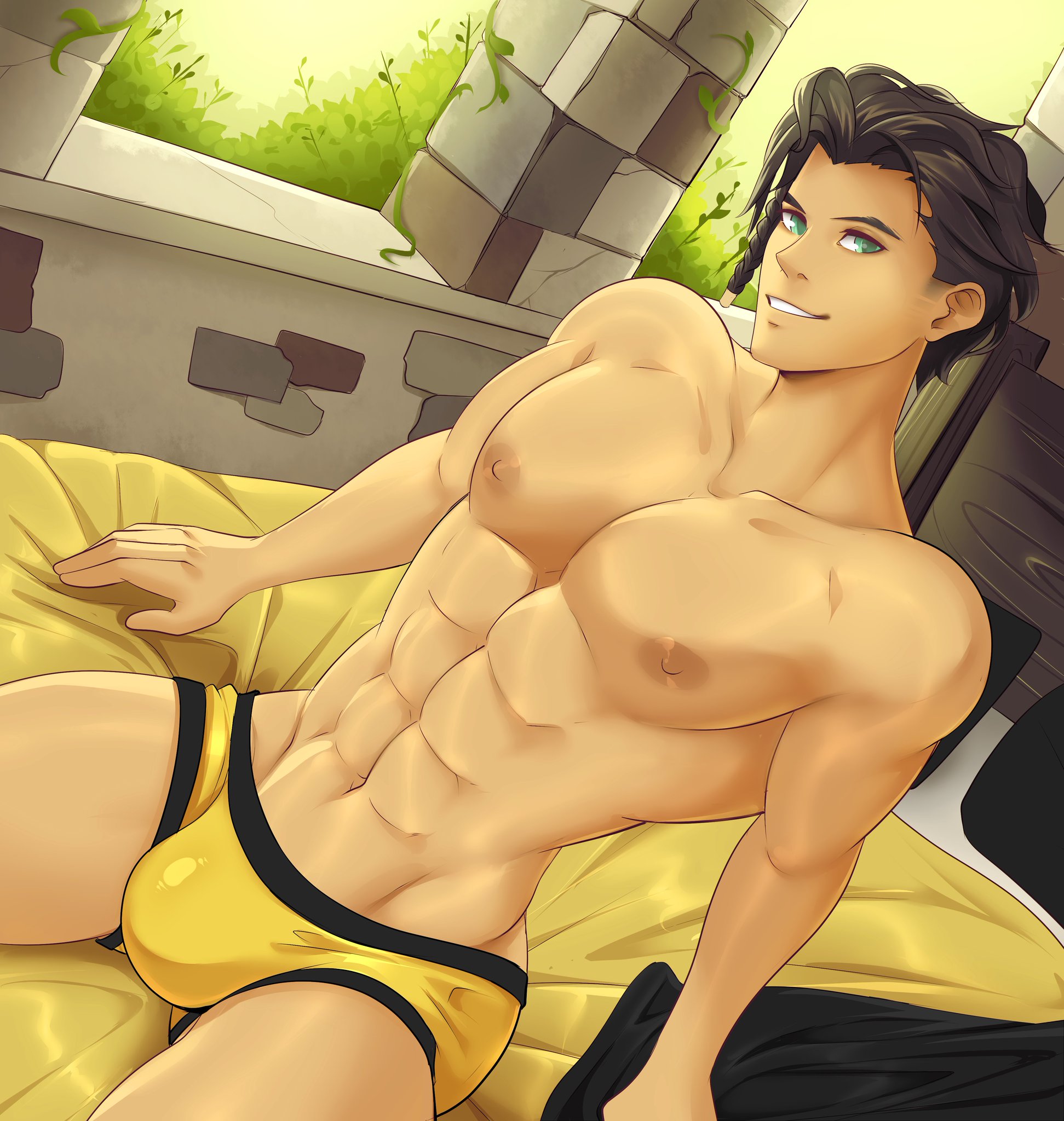 1boy, bara, braid, bulge, claude von riegan, fire emblem, fire emblem: three houses, gasaiv, green eyes, male, male only, muscular, muscular male, nintendo, pecs, yaoi