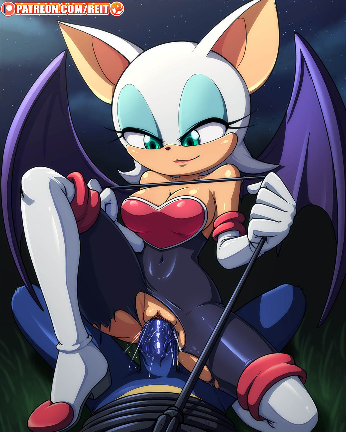 1boy, 1girls, background, big breasts, bondage, boots, breasts, cowgirl position, faceless male, female, femdom, furry, gloves, holding rope, male, male pov, patreon, pussy, reit, rouge the bat, sonic (series), sonic the hedgehog, sonic the hedgehog (series), tied up, torn bodysuit, torn clothes, vaginal penetration, watermark