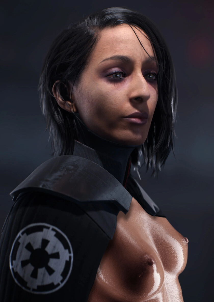 1female, 1girl, 1girls, 2020, 3d, 3d (artwork), artist request, breastless clothes, breasts, breasts out, dark skin, dark-skinned female, edit, edited official artwork, female, female only, galactic empire insignia, inquisitor (star wars), jedi: fallen order, oil, partially clothed, sci-fi, science fiction, scifi, second sister, simple background, solo, solo female, solo focus, star wars, tagme, trilla suduri