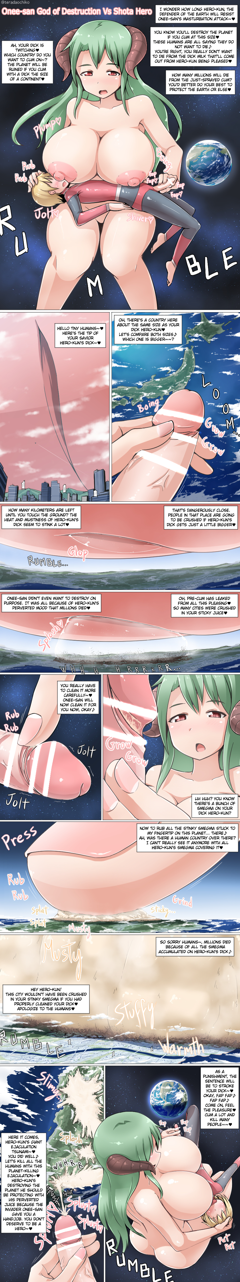 blush breasts breasts_on_chest breasts_on_face breasts_on_head city cityscape cum cumming demon_girl demon_horns earth femdom finger giant giantess gigantic_penis green_hair handjob hi_res huge_breasts huge_cock landscape larger_female macro ochiko_terada penis_grab penis_tease penis_tip planet planetary precum size_difference size_play smaller_male smegma straight tease teasing