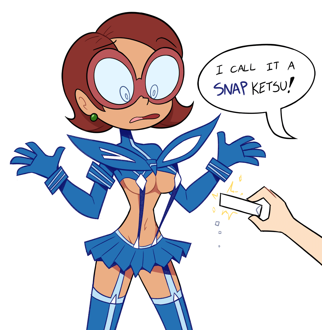 1girls bare_midriff brown_hair chalk chalkzone earring english_text female glasses gloves kamui_(kill_la_kill) kill_la_kill miniskirt miscon offscreen_character open_mouth penny_sanchez senketsu short_hair skimpy skimpy_clothes speech_bubble stockings tagme underboob white_background