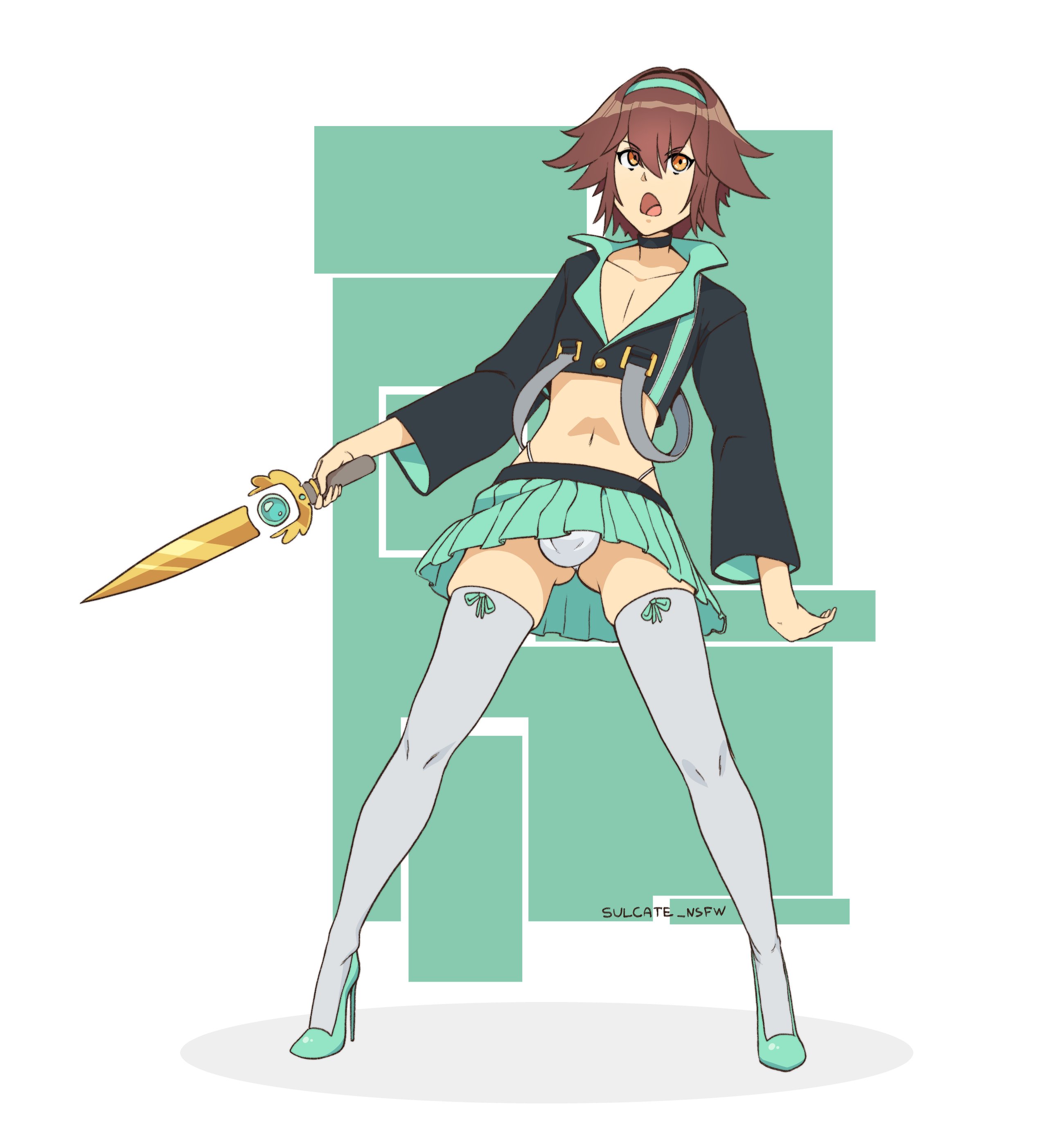 1boy, androgynous, brown hair, bulge, choker, clothed, female, femboy, girly, headband, high heels, magical girl, male, orange eyes, panties, panty bulge, penis, penis in panties, penis under skirt, skirt, solo, solo male, stiletto heels, sulcate, thighhighs, trap, upskirt, very high heels