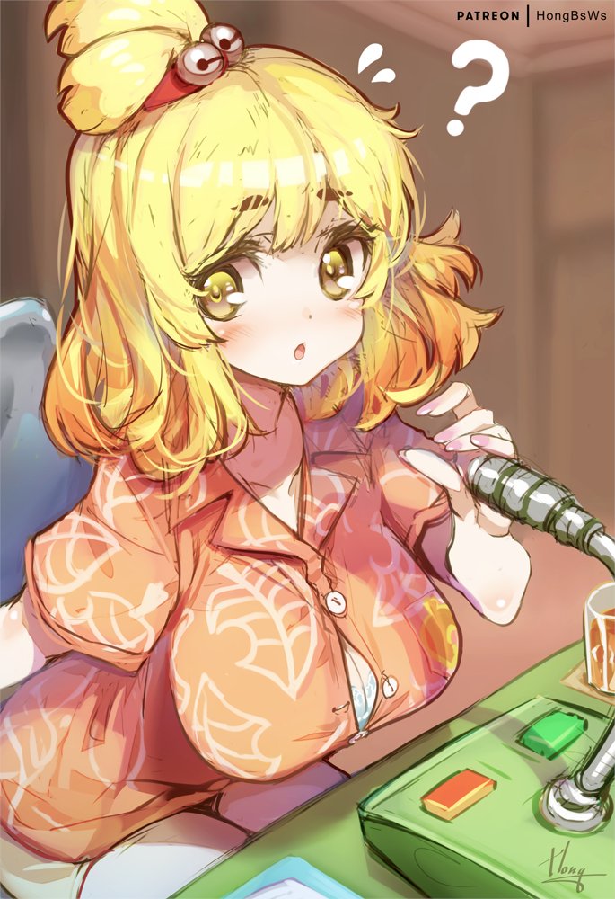 :o, ?, 1girls, 2020, animal crossing, anthro, big breasts, blonde hair, blush, bra, breasts, cleavage, cute, female, female only, hong (white spider), human, humanized, isabelle (animal crossing), nintendo, secretary, sitting, solo, solo female, unbuttoned