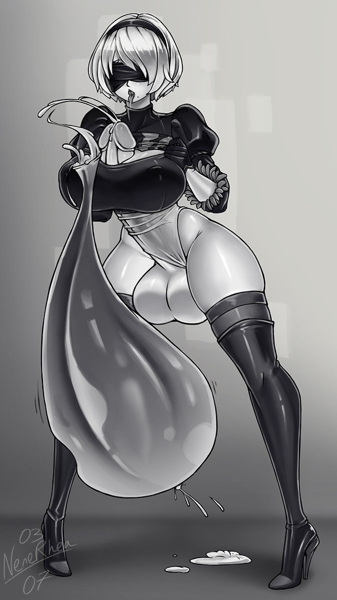 1futa, autopaizuri, balls, big balls, big breasts, big penis, blindfold, breasts, condom, condom filling, erect penis, erection, excessive cum, filled condom, futa only, futanari, hairband, high heels, huge cock, hyper, hyper penis, intersex, large breasts, monochrome, nenerhea, nier: automata, penis, solo, solo futa, tagme, testicles, thick penis, thighhighs, white hair, yorha 2b