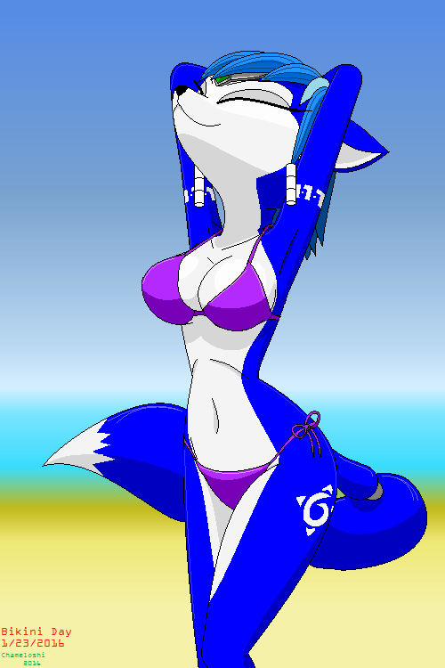 1girls 2d anthro beach belly bikini chameloshi furry krystal solo star_fox