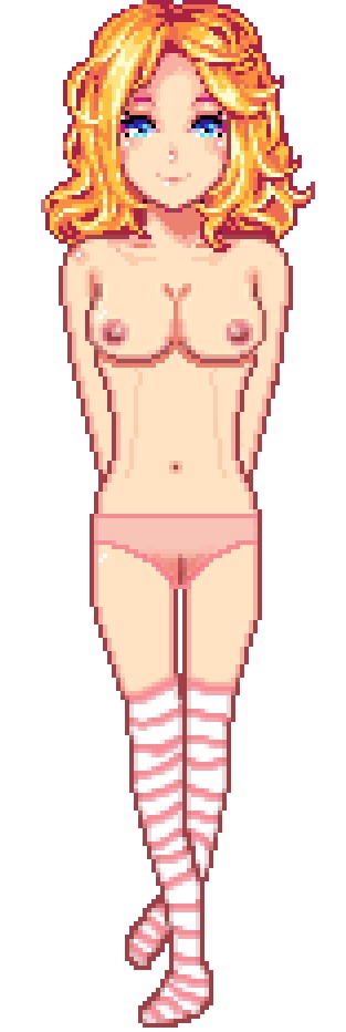 big breasts, blonde hair, blue eyes, breasts, female, female only, haley (stardew valley), kneehighs, pink panties, pixel art, pussy, solo female, stardew valley, video games, wet pussy, white background