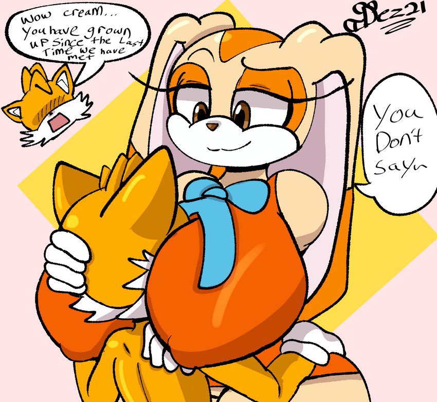 1boy, 1girls, aged up, big breasts, breasts, cream the rabbit, dezmine21, female, female focus, head between breasts, larger female, long ears, looking at another, male, sega, smaller male, sonic (series), sonic the hedgehog (series), tagme, tails the fox