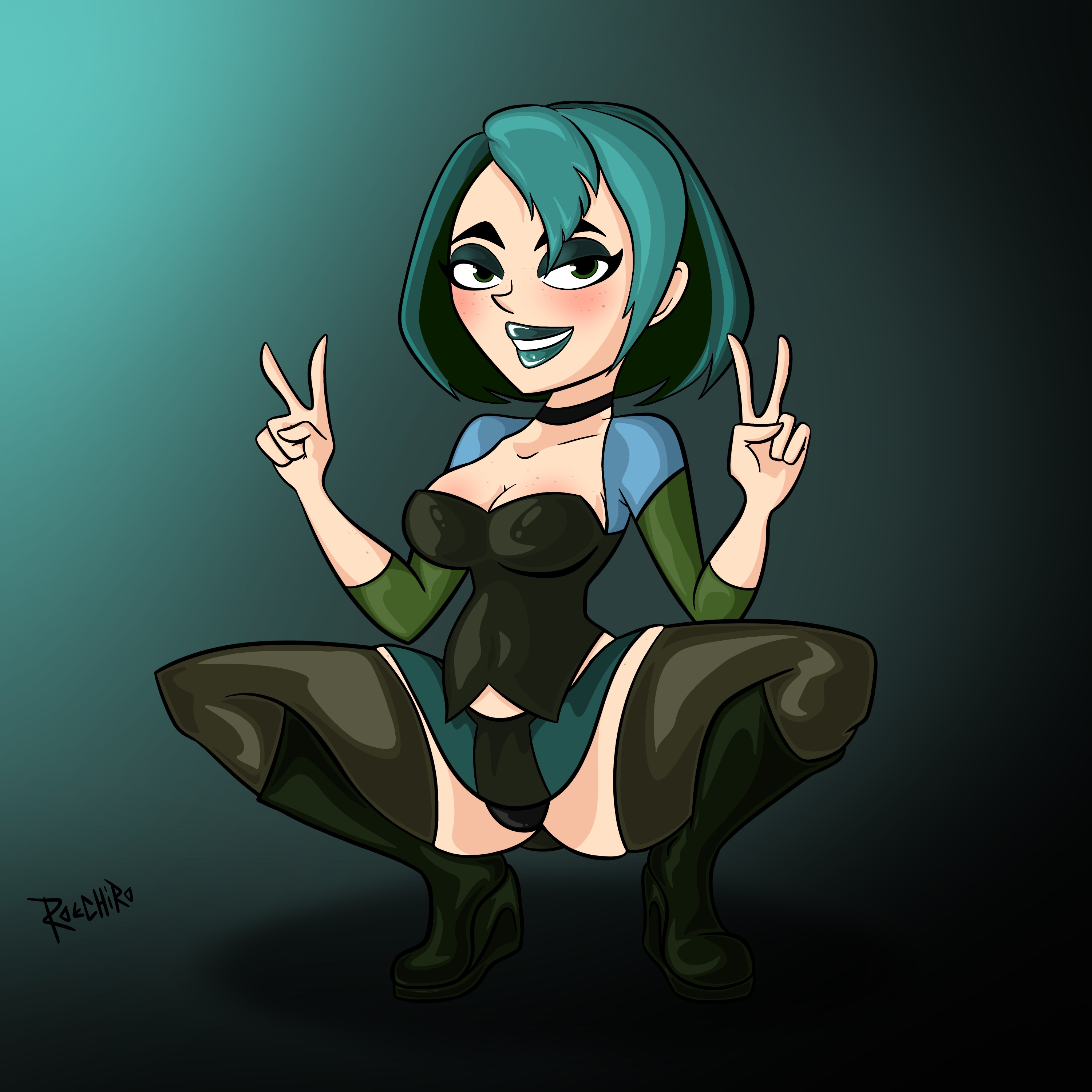breasts, cleavage, female, fully clothed, goth, gothic, green hair, gwen (tdi), panties, peace sign, skirt, total drama island