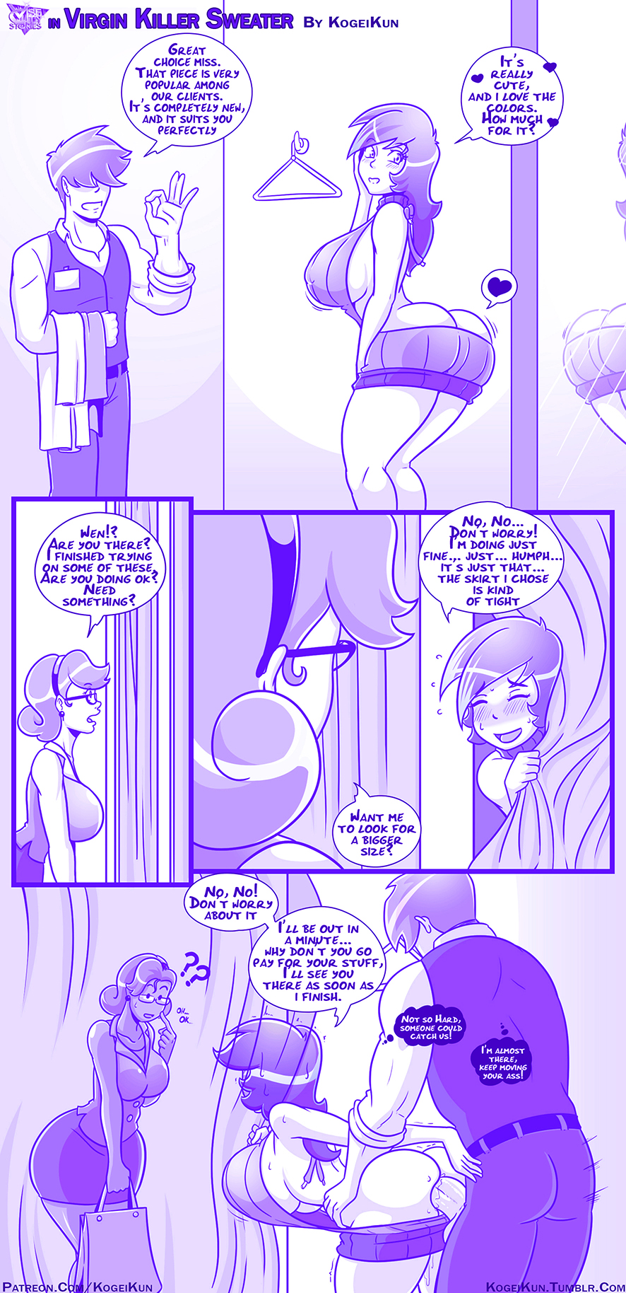 1boy, anal penetration, anal sex, ass, auri (kogeikun), bent over, big ass, big breasts, big butt, breasts, comic, dialogue, doggy style, english dialogue, english text, female, instant loss 2koma, kogeikun, male, male penetrating, monochrome, multiple females, multiple girls, penetration, sex, sex from behind, shopping, standing, standing sex, stealth sex, straight, sweater, text, virgin killer sweater, wendolin
