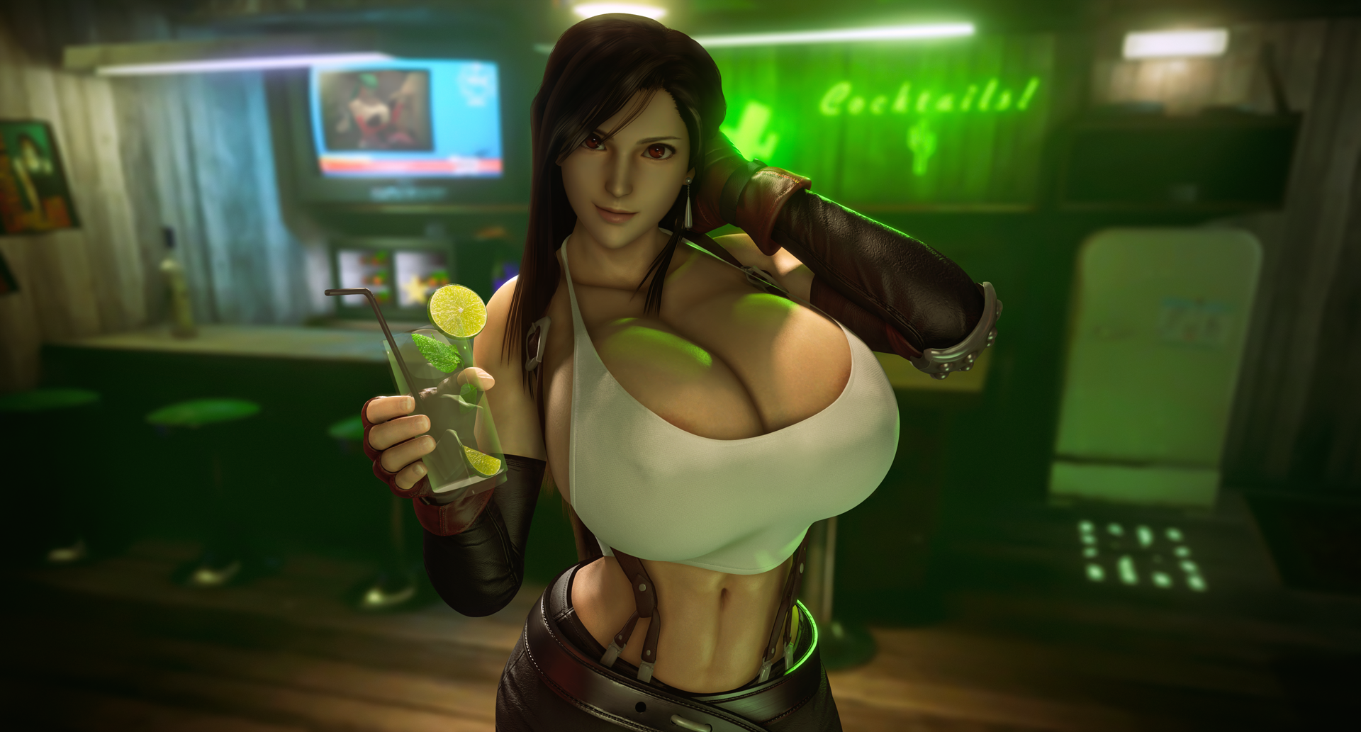 1girls, 2020, 3d, arm behind head, banskinator, big breasts, breasts, cleavage, female, female only, final fantasy, final fantasy vii, huge breasts, looking at viewer, low cut top, midriff, midriff baring shirt, navel, sensual, skirt, smile, solo, square enix, suspenders, tank top, tifa lockhart, urbanator