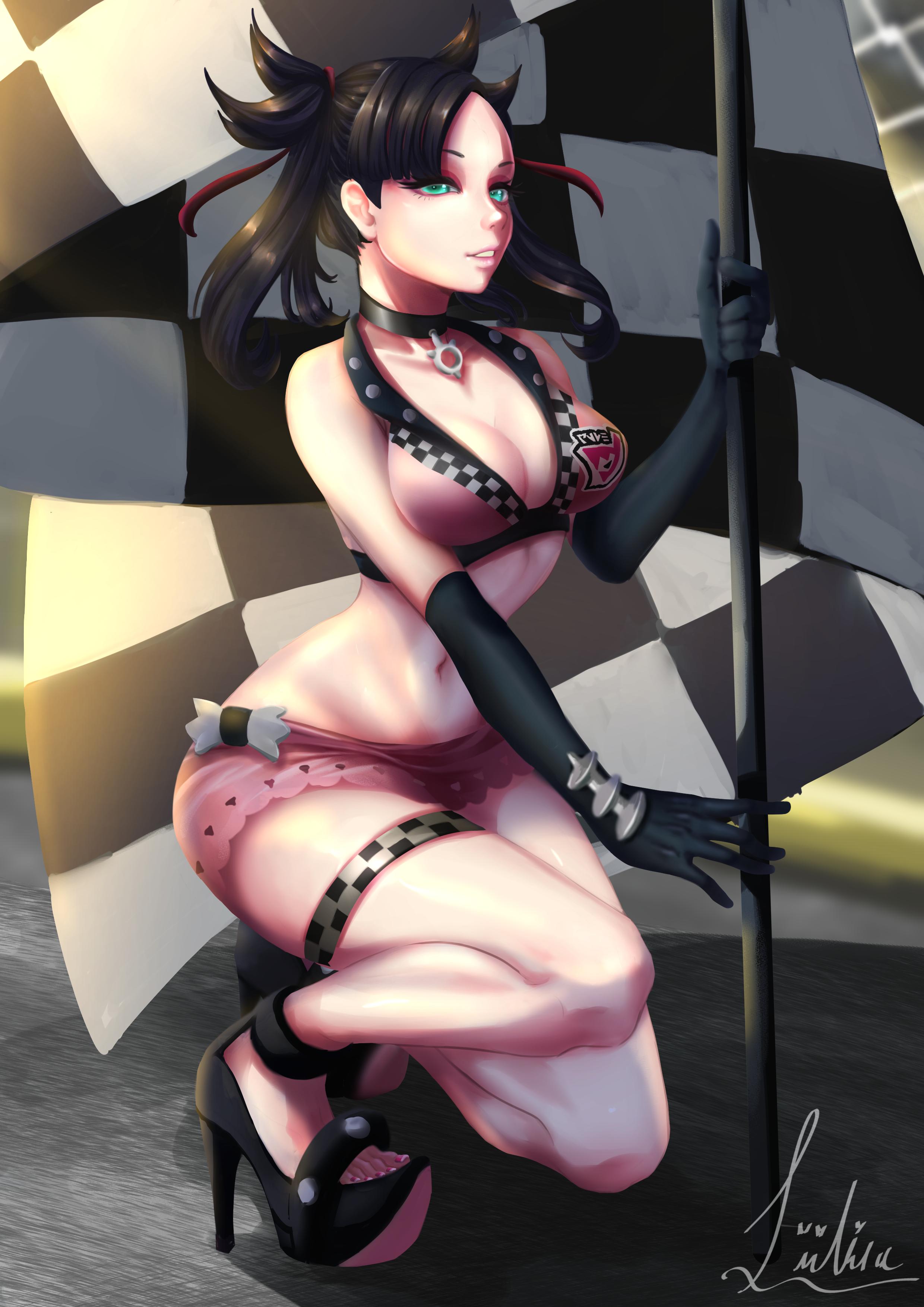 1girls, abs, alternate outfit, ass, black hair, breasts, clothed, female, green eyes, high heels, human, liilica, looking at viewer, marnie (pokemon), nintendo, open toe shoes, platform heels, pokemon, pokemon ss, race queen, solo, stripper, stripper pole, text, thick thighs, watermark, wide hips