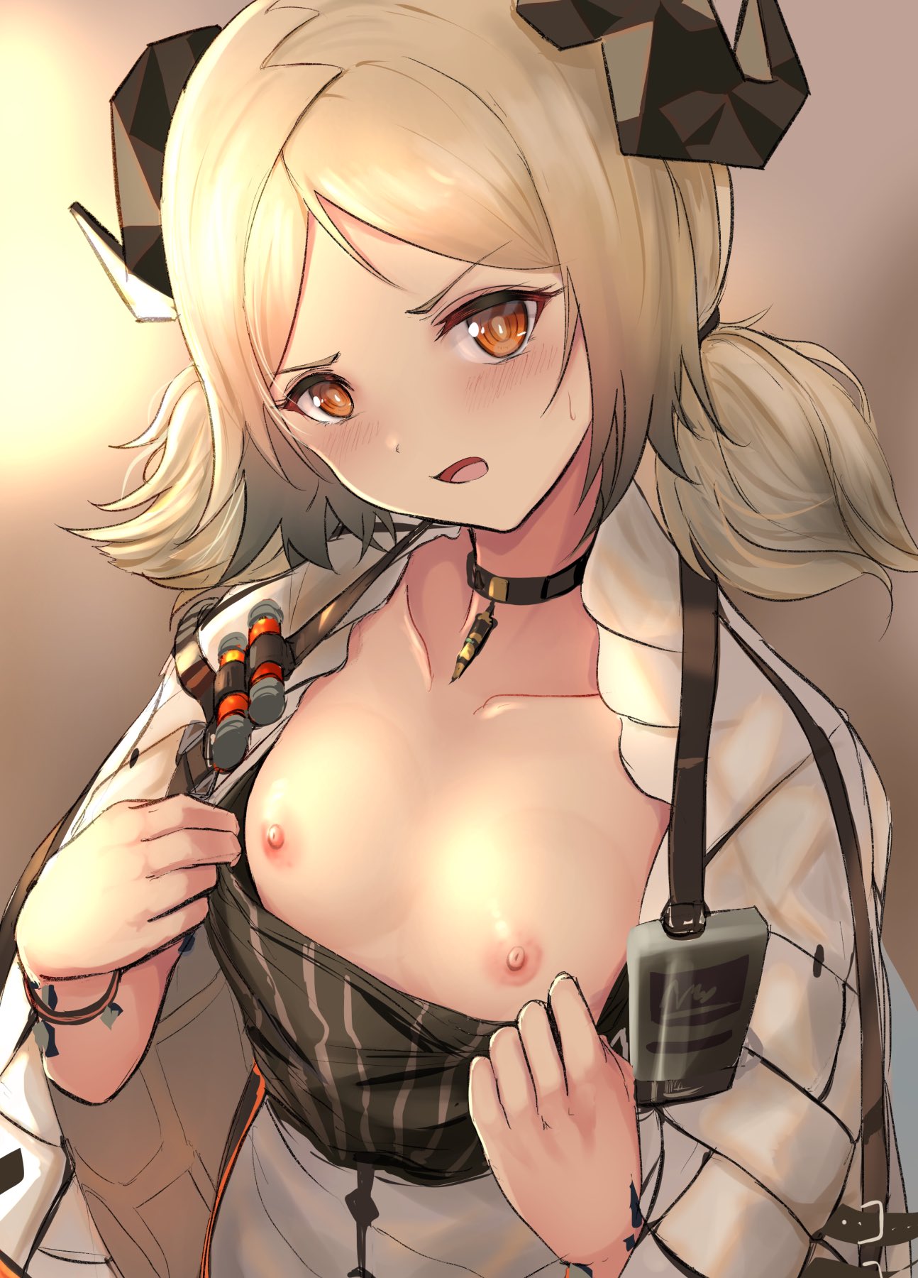 arknights breasts commentary female flat_chest highres horns ifrit_(arknights) nipples no_bra orange_eyes orange_hair small_breasts solo take_(trude1945oneetyan) twintails undressing