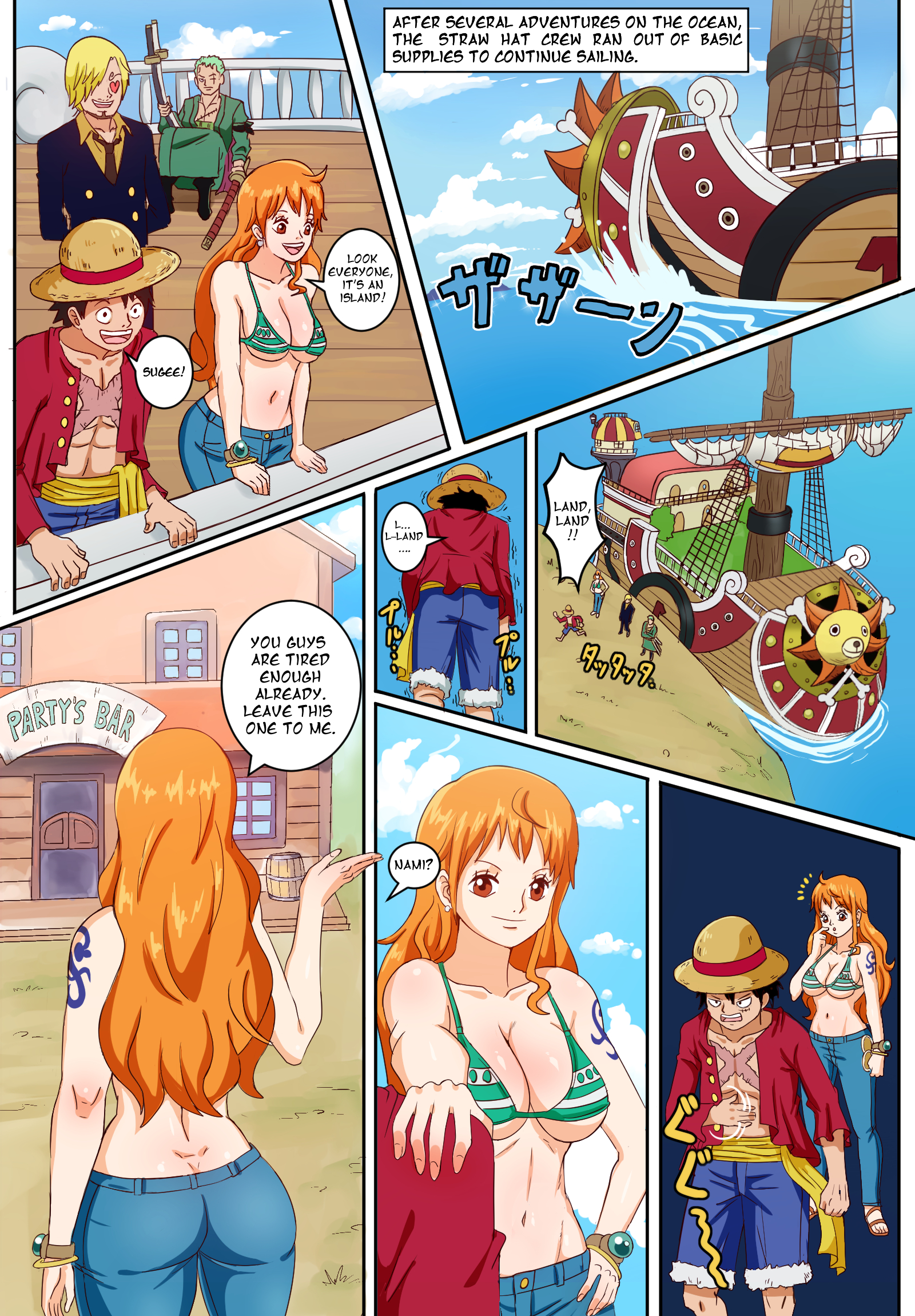 1girls, 3boys, arm tattoo, ass, bikini, bikini top, black hair, black-haired male, blonde hair, blonde-haired male, blue tattoo, breasts, comic, female, female focus, green hair, green-haired male, huge ass, huge breasts, jeans, linea alba, long hair, male, monkey d luffy, nami (one piece), ocean, one piece, orange hair, orange-haired female, pinkpawg, pirate, roronoa zoro, ship, striped bikini, sword, tattoo, thousand sunny, vinsmoke sanji