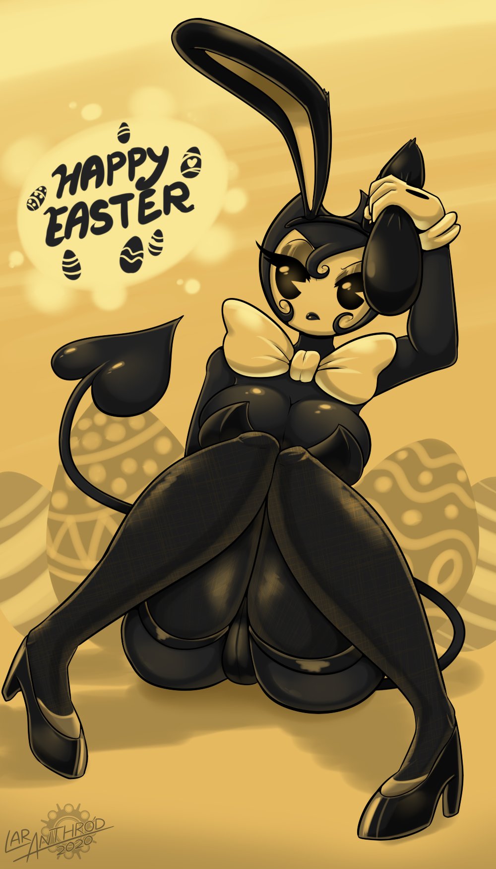 1girls 2020 arm_support artist_name ass bendy bendy_and_the_ink_machine bendy_fem bethy_(laranthrod) big_breasts black_legwear bowtie breasts bunny_ears bunnysuit dated devil_tail easter easter_egg english english_text female footwear handwear hi_res high_heels highres humanoid lar_antrhod latiar legs legwear leotard neckwear rule_63 sitting solo stockings tail video_games white_bowtie