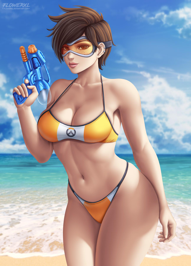1girls, breasts, cleavage, female, female only, flowerxl, looking at viewer, overwatch, solo, thunder thighs, tracer