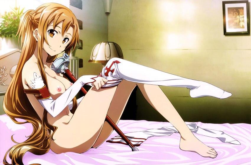 female, looking at viewer, naked, nude filter, pattern socks, socks, sword art online, thigh socks, thighhighs, white socks, yuuki asuna